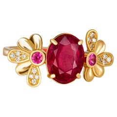 Genuine Ruby Ring, Ruby and Diamonds Gold Ring, Flower Design Ruby Ring