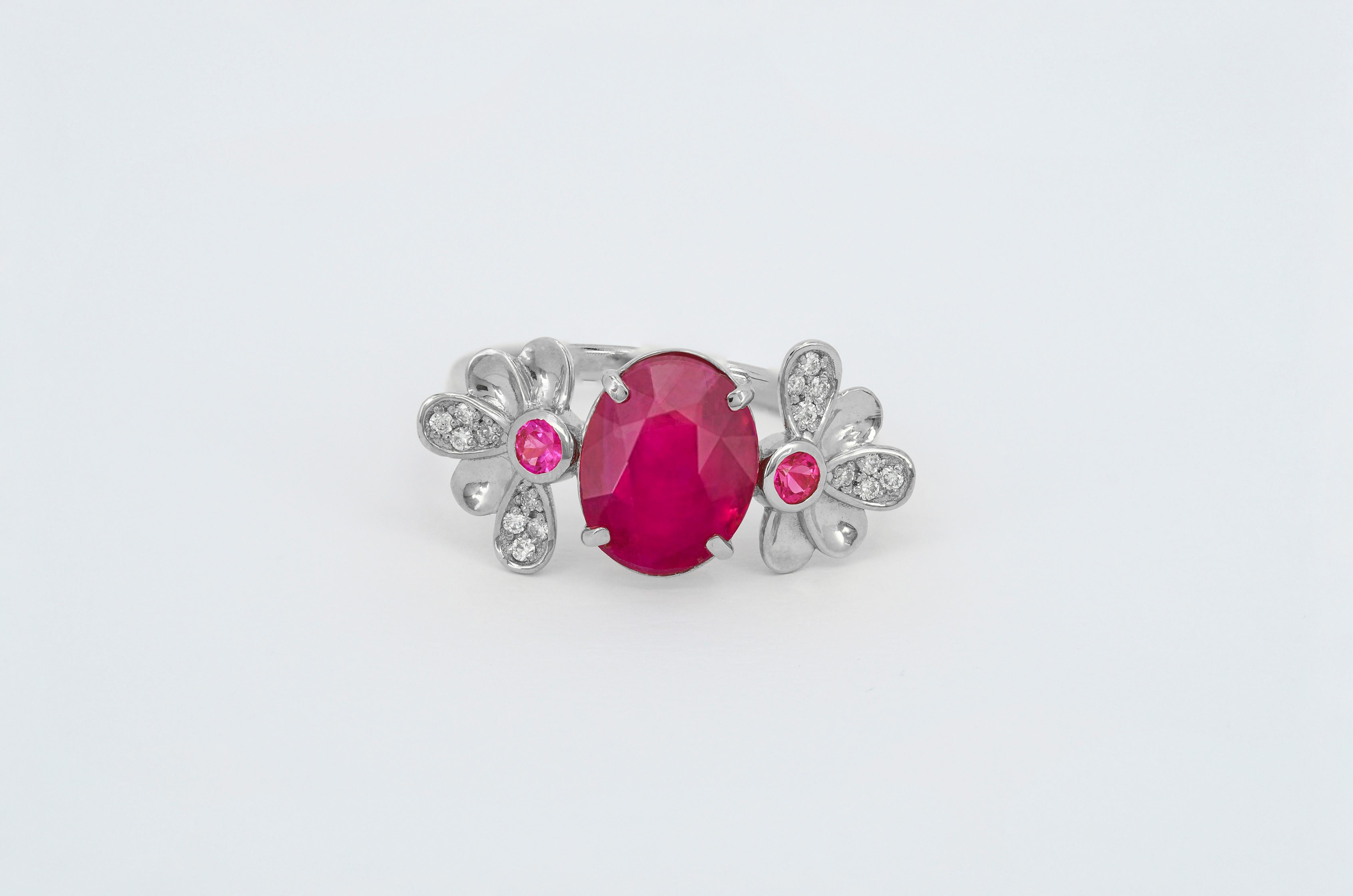 Modern Genuine Ruby Ring, Ruby and Diamonds Ring