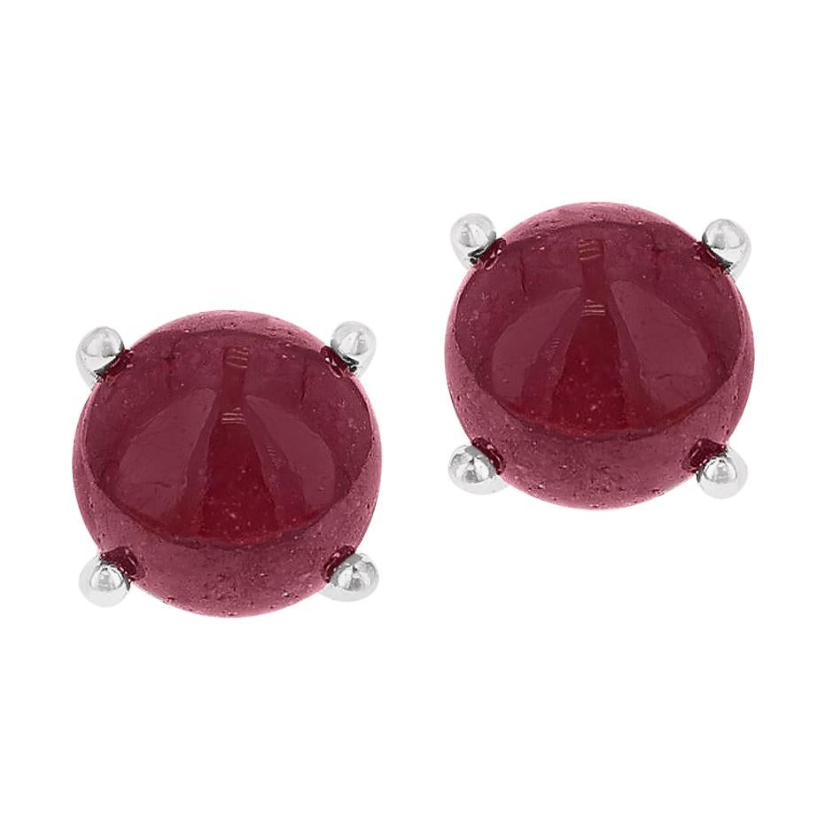 Genuine Ruby Round Cabochon Stud Earrings, Sterling Silver