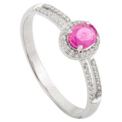 Genuine Ruby Split Band Halo Engagement Ring in 14K White Gold Gift for Women
