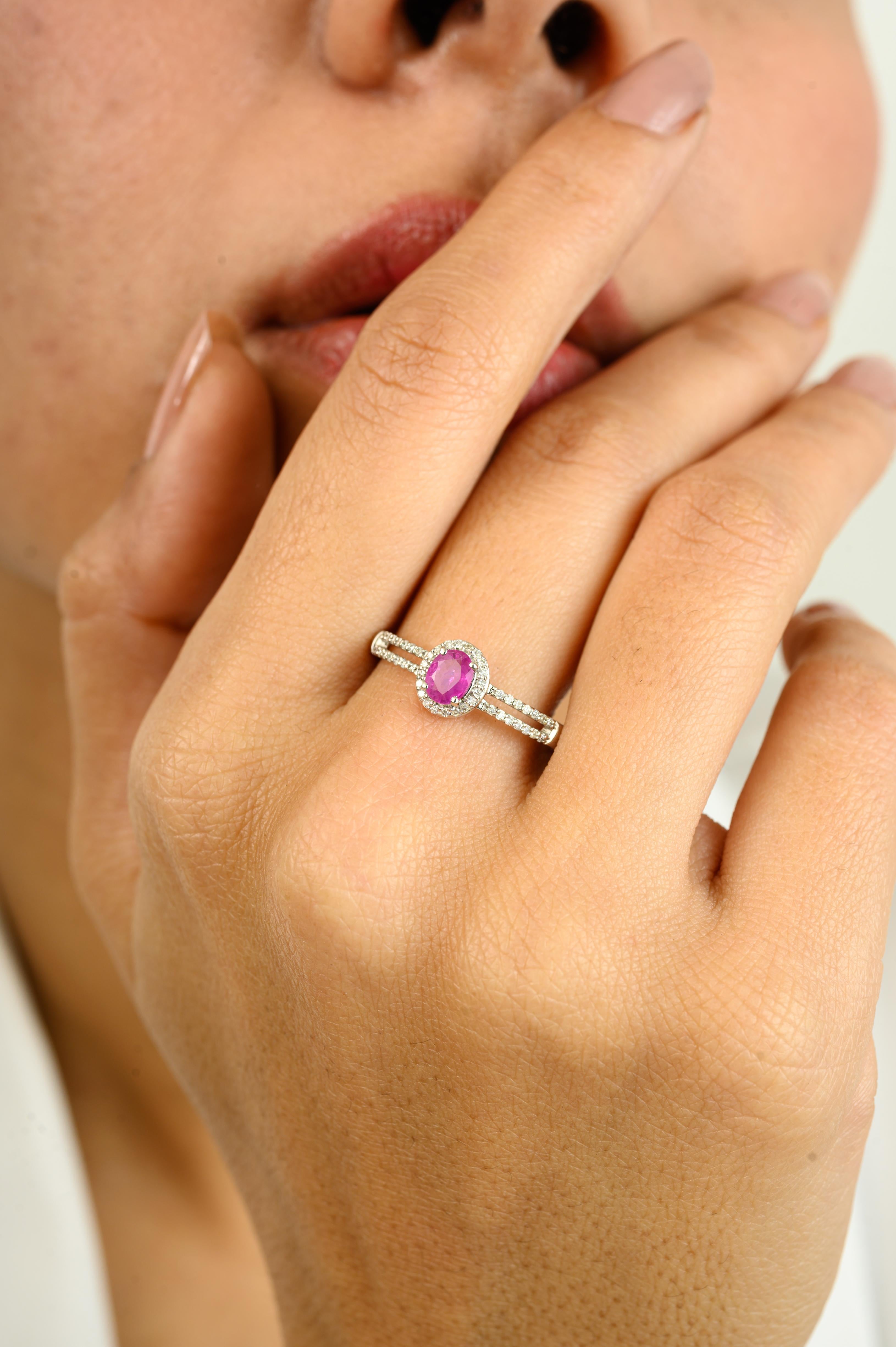For Sale:  Genuine Ruby Split Band Halo Engagement Ring in 14K White Gold Gift for Women 4