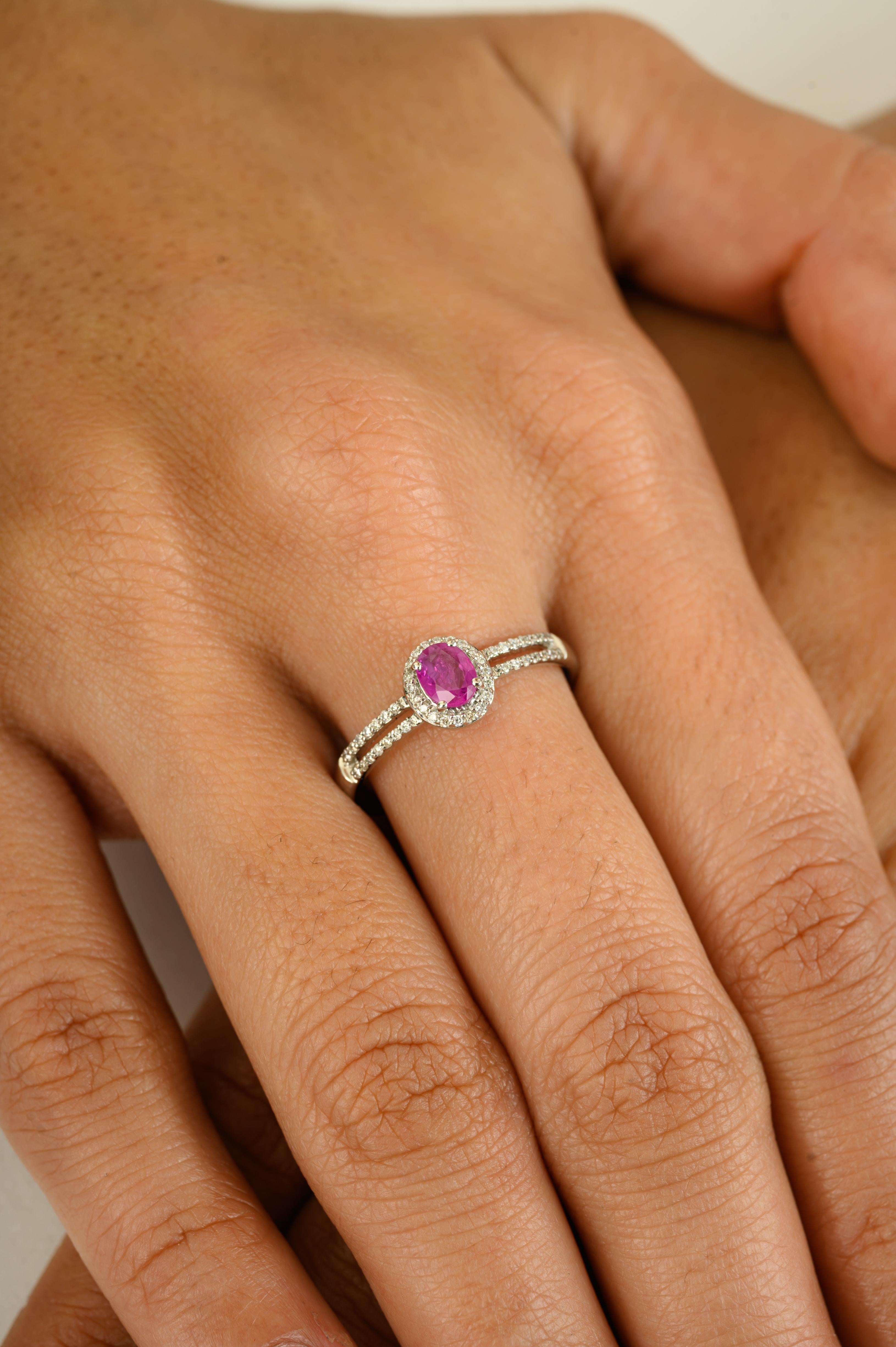 For Sale:  Genuine Ruby Split Band Halo Engagement Ring in 14K White Gold Gift for Women 6