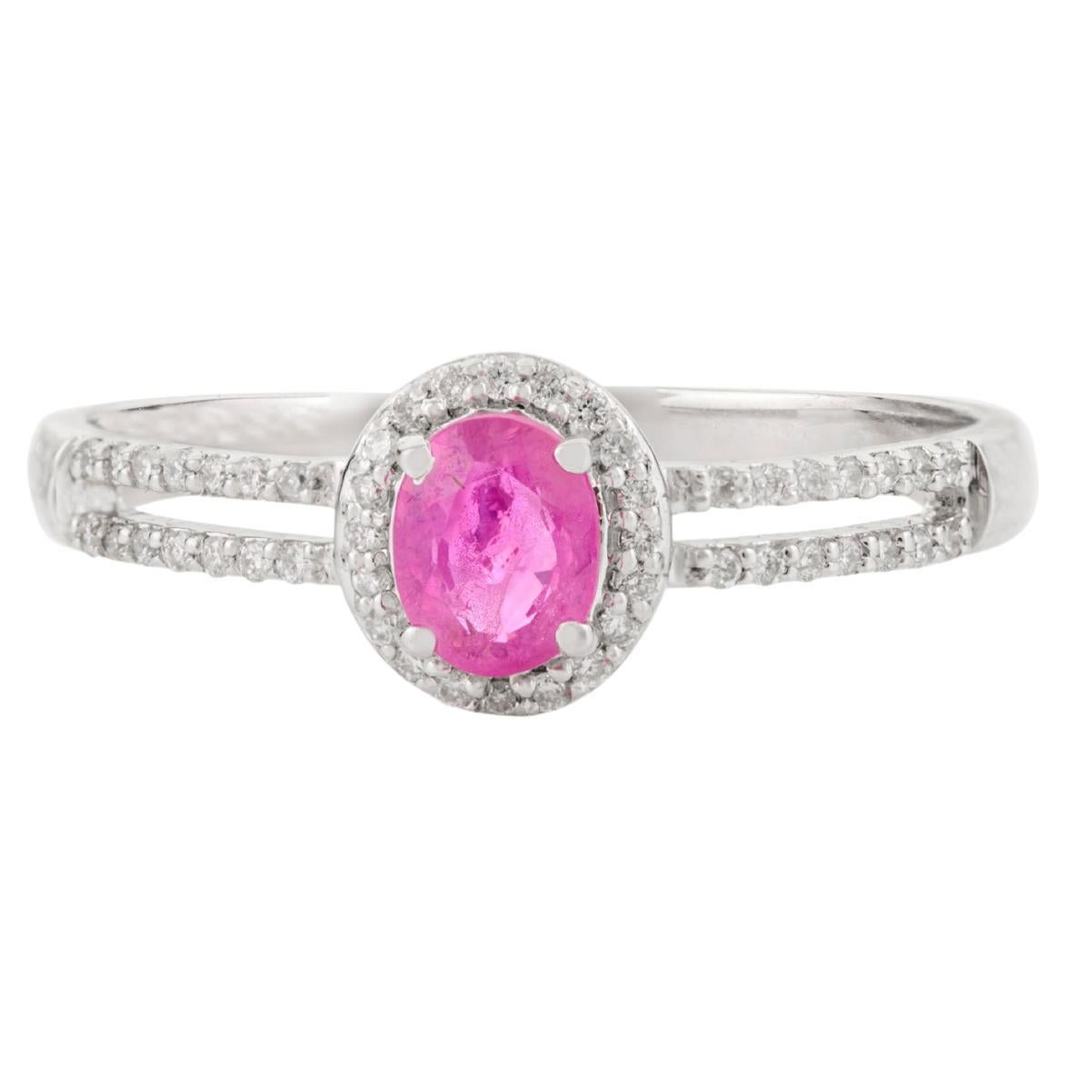 Genuine Ruby Split Band Halo Engagement Ring in 14K White Gold Gift for Women
