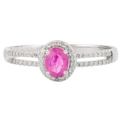 Verlobungsring aus 14 Karat Weißgold mit echtem Rubin und geteiltem Band-Halo, Geschenk für Damen