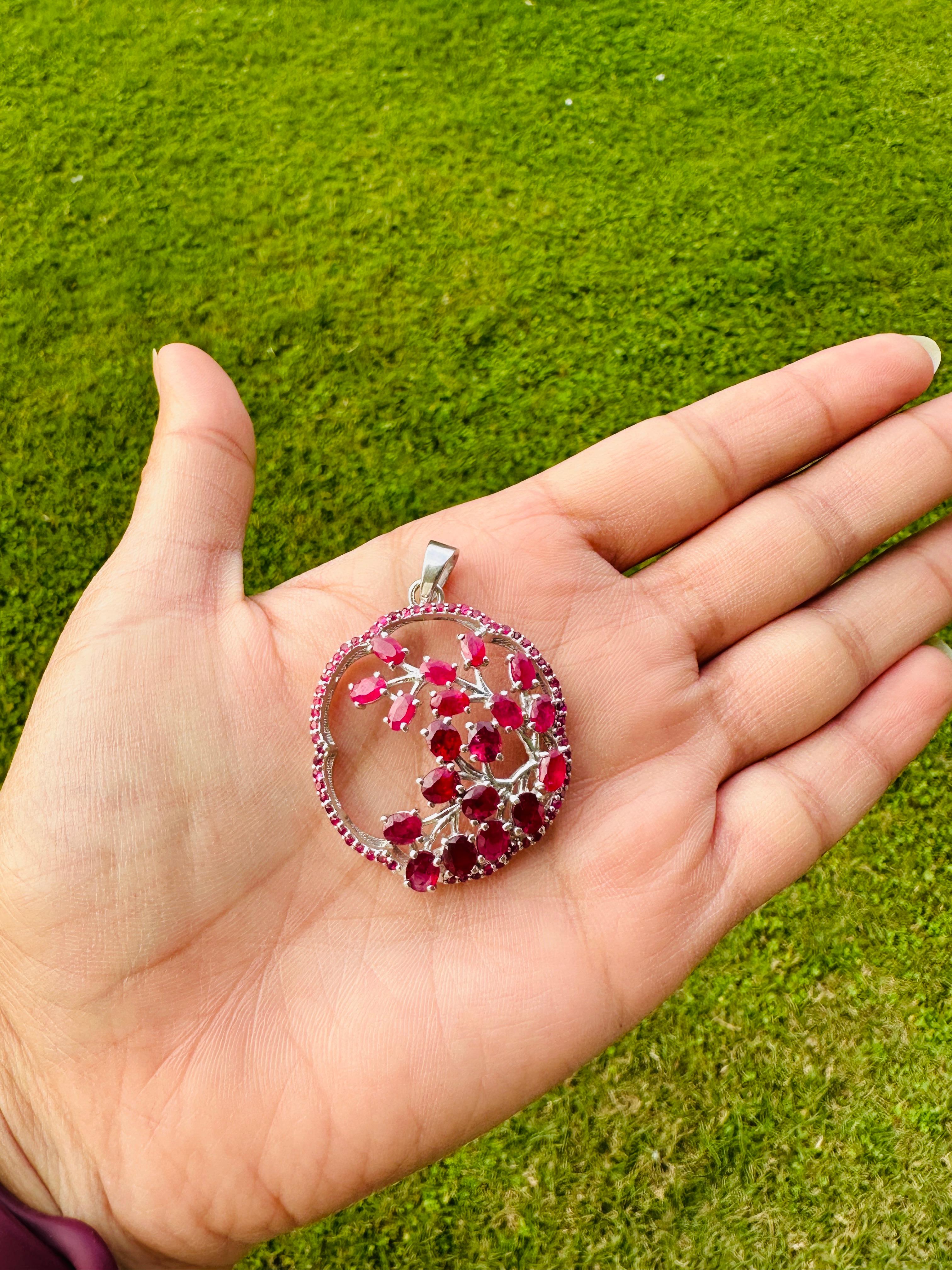 Genuine Ruby Tree of Life Pendant Crafted in Sterling Silver In New Condition For Sale In Houston, TX