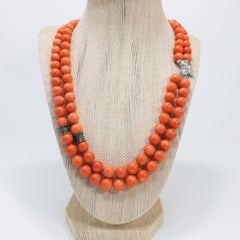 Genuine Salmon Coral Bead and Diamond Knotted String Double-Strand Gold Necklace