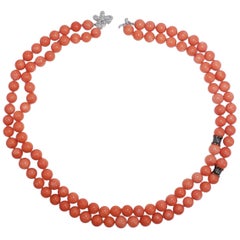 Vintage Genuine Salmon Coral Bead and Diamond Knotted String Double-Strand Gold Necklace