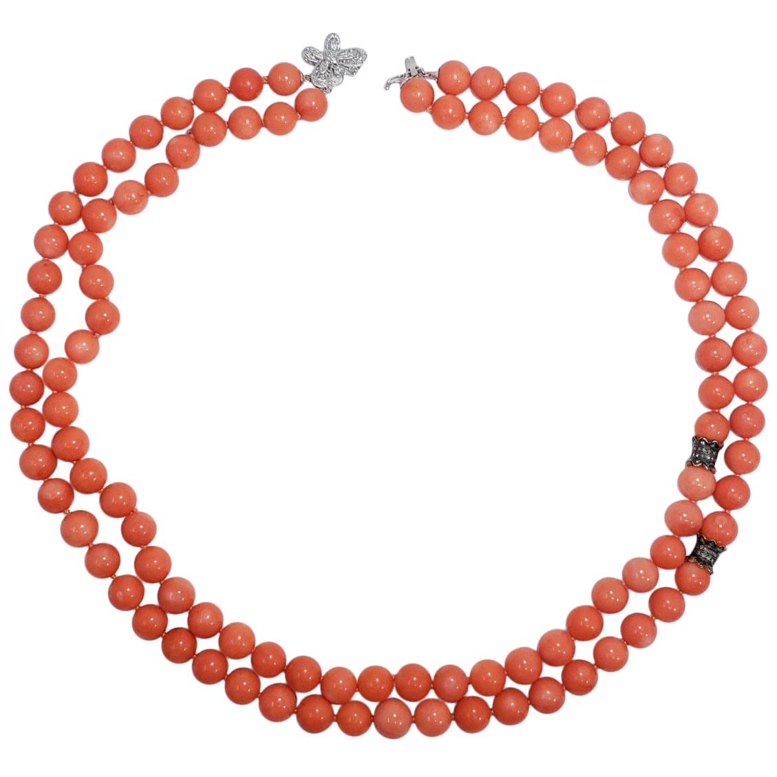 Genuine Salmon Coral Bead and Diamond Knotted String Double-Strand Gold Necklace For Sale