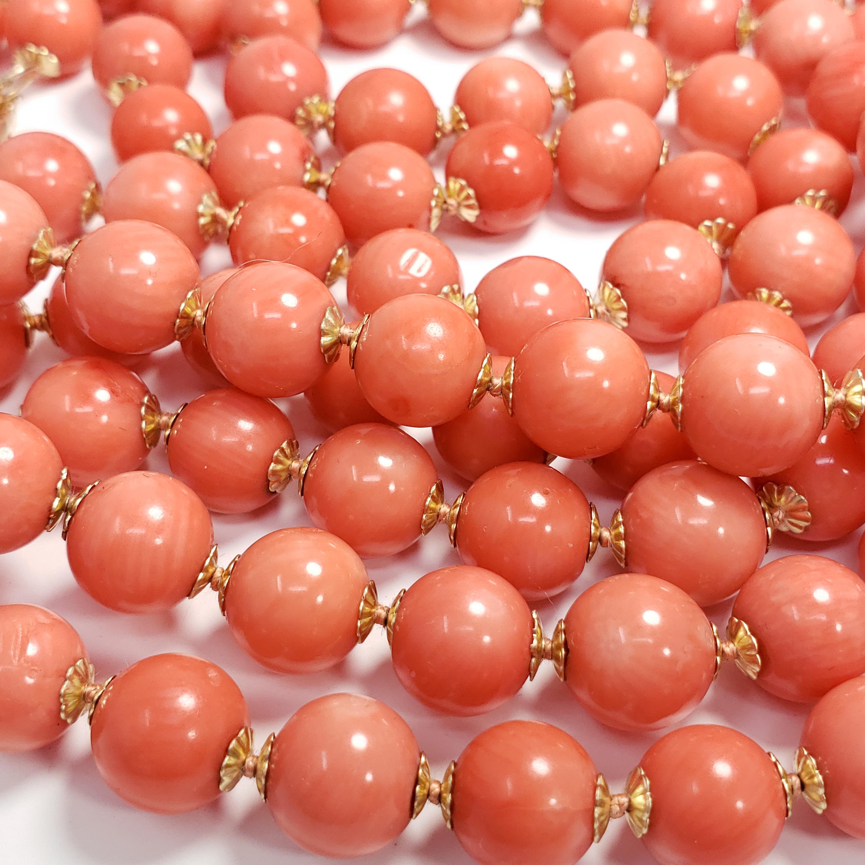 Retro Genuine Salmon Coral Bead Knotted String Long Necklace with 14 Karat Yellow Gold