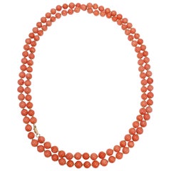 Genuine Salmon Coral Bead Knotted String Long Necklace with 14 Karat Yellow Gold