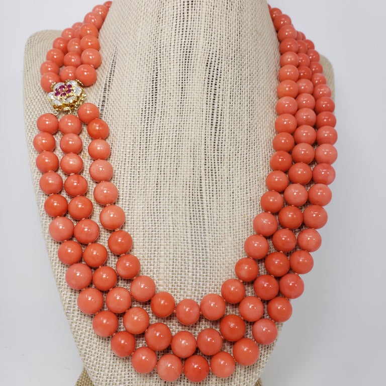 Genuine Salmon Coral Triple Strand Bead Necklace 14K Gold Ruby Diamond