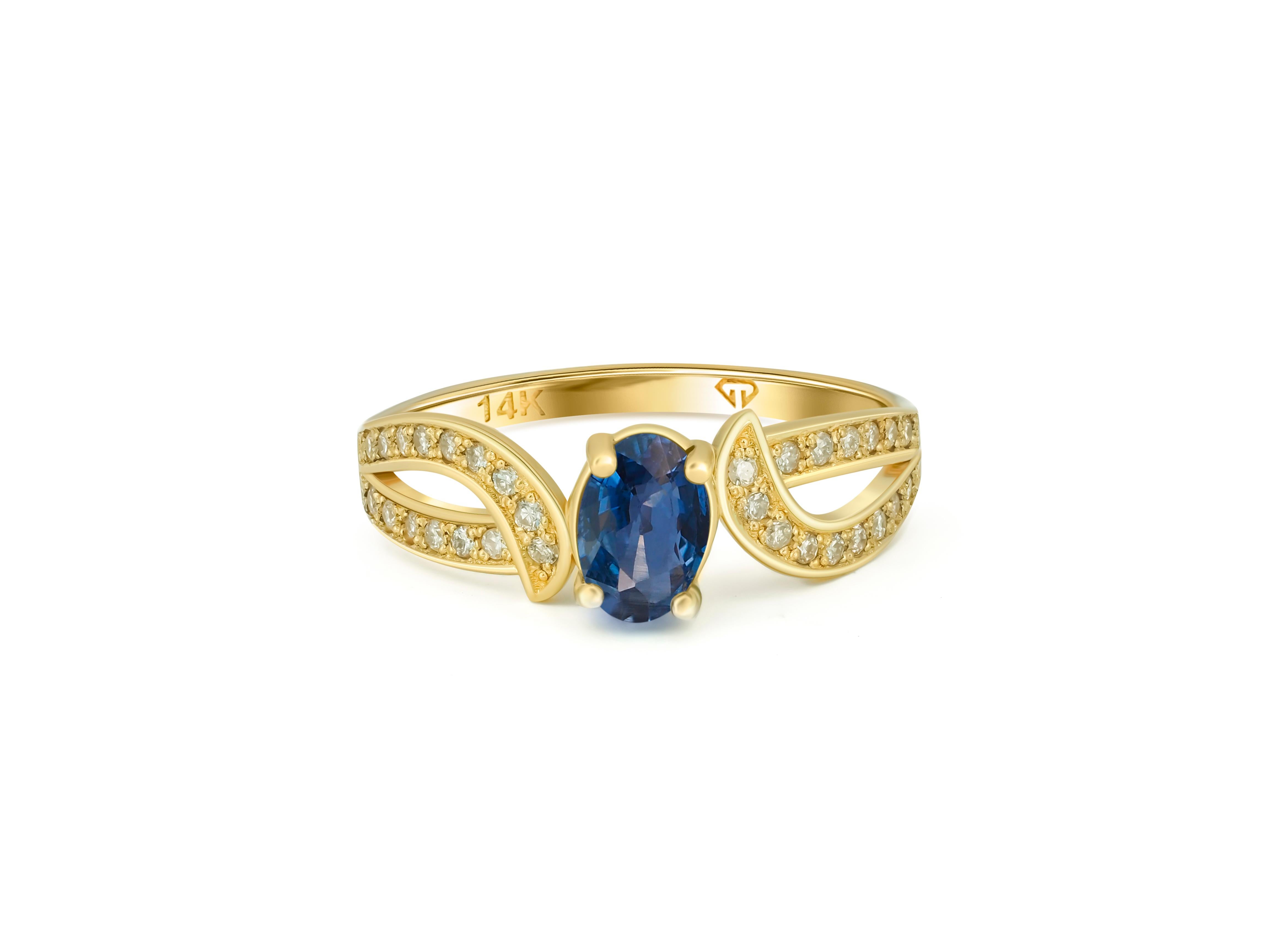 Genuine sapphire 14k gold ring. 
Sapphire engagement ring. Sapphire vintage ring. Sapphire gold ring. Blue sapphire ring.

Metal: 14kt solid gold
Total weight: 2 gr. (depends from size).

Central gemstone: Natural sapphire
Color: blue
Oval cut, 0.80