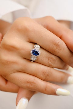Certified Diamond and Blue Sapphire Three Stone Ring 18k Solid White Gold