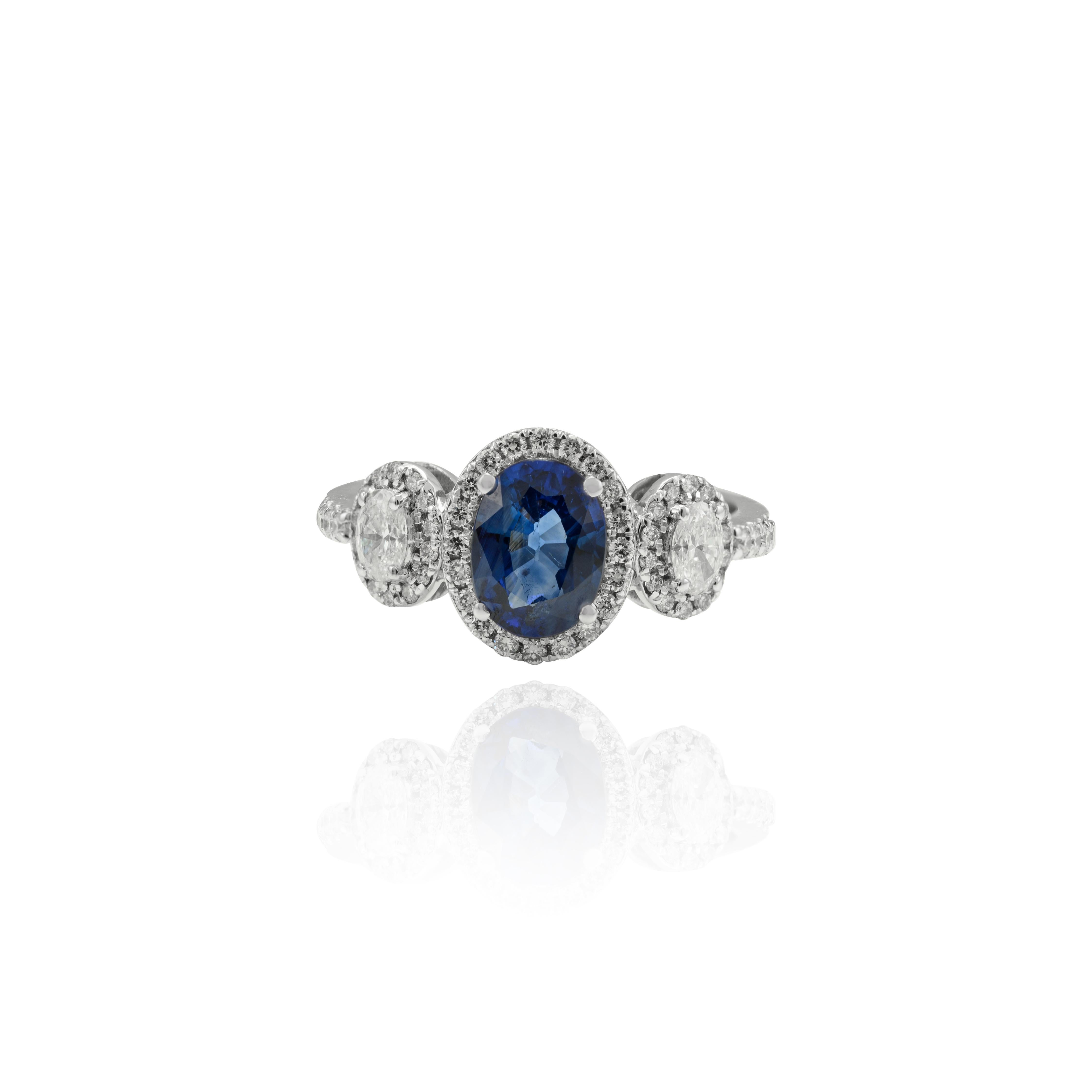 For Sale:  Certified Diamond and Blue Sapphire Three Stone Ring 18k Solid White Gold 3