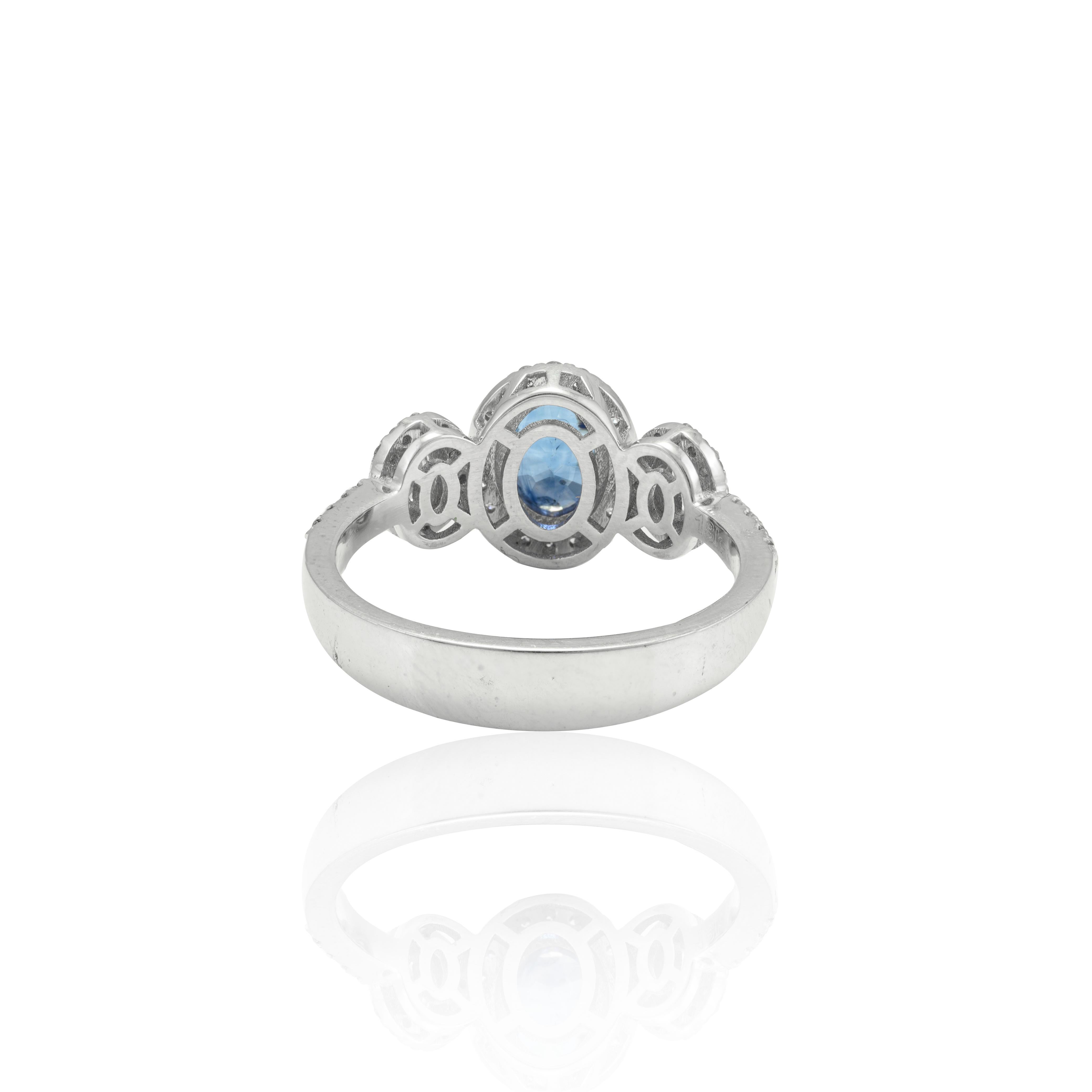 For Sale:  Certified Diamond and Blue Sapphire Three Stone Ring 18k Solid White Gold 4
