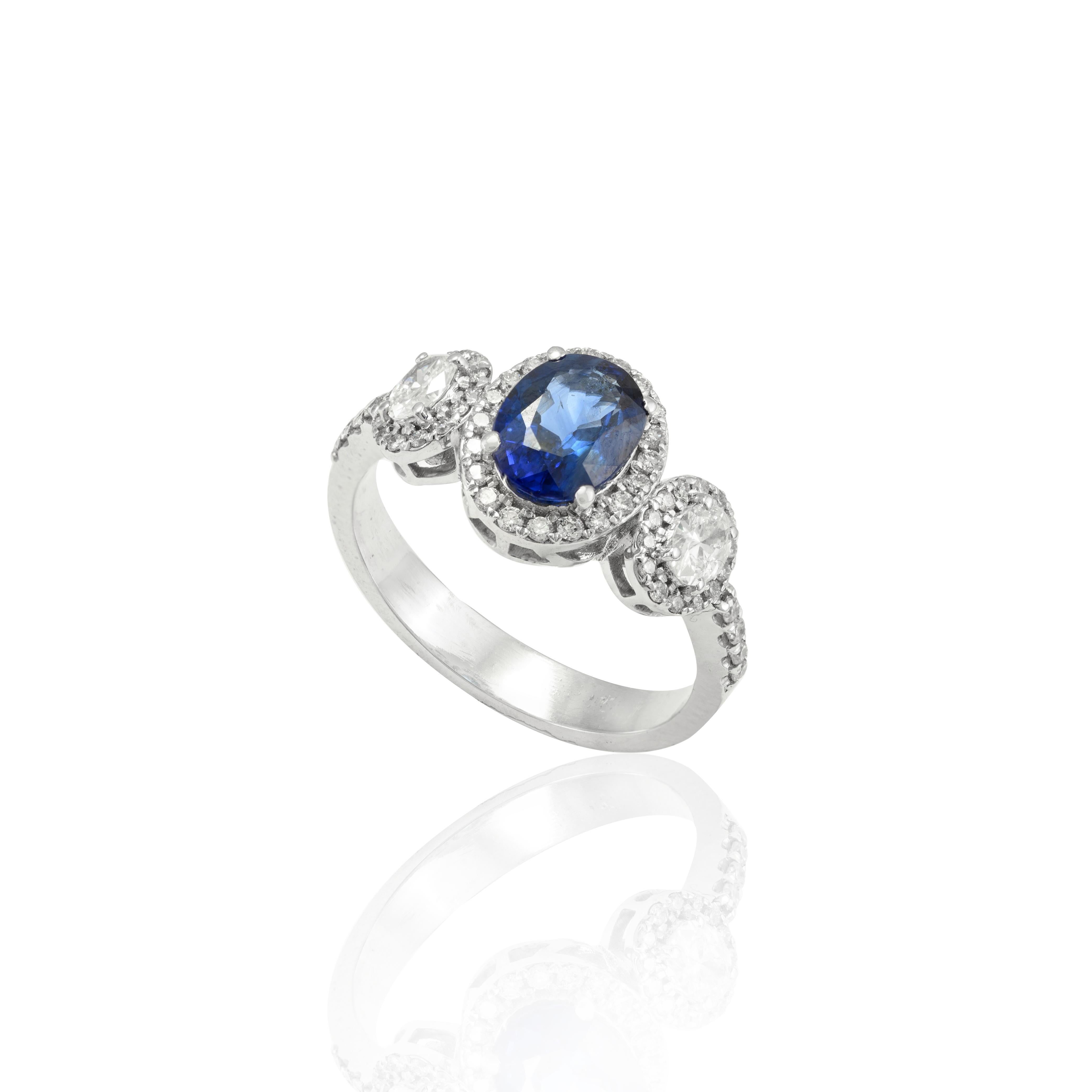 For Sale:  Certified Diamond and Blue Sapphire Three Stone Ring 18k Solid White Gold 5