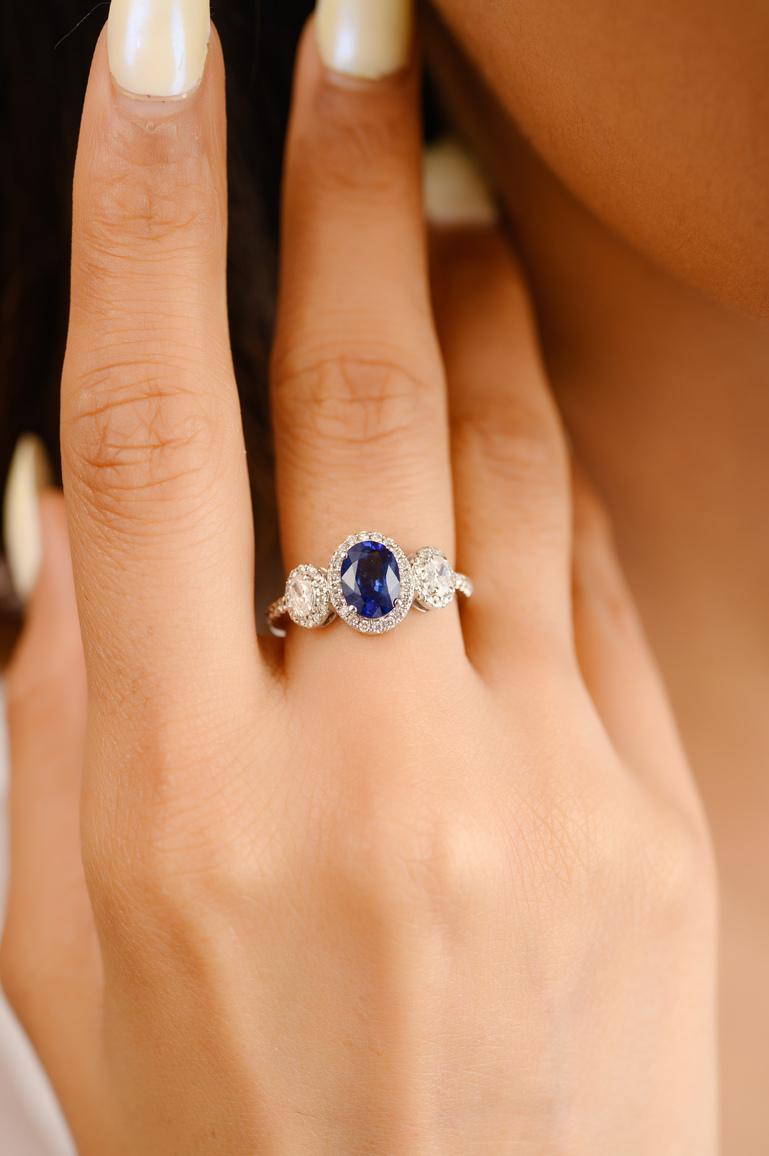 For Sale:  Certified Diamond and Blue Sapphire Three Stone Ring 18k Solid White Gold 6