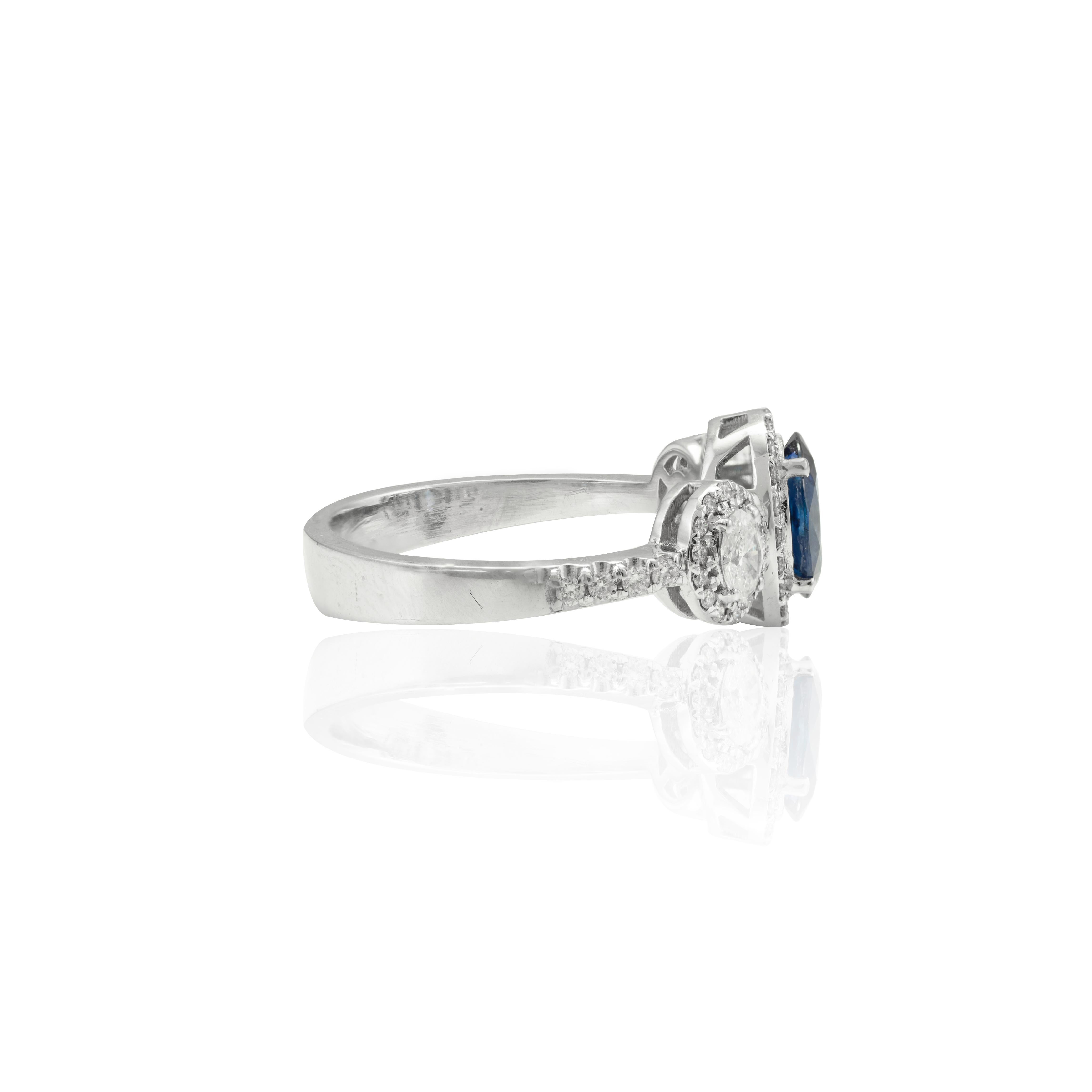 For Sale:  Certified Diamond and Blue Sapphire Three Stone Ring 18k Solid White Gold 7