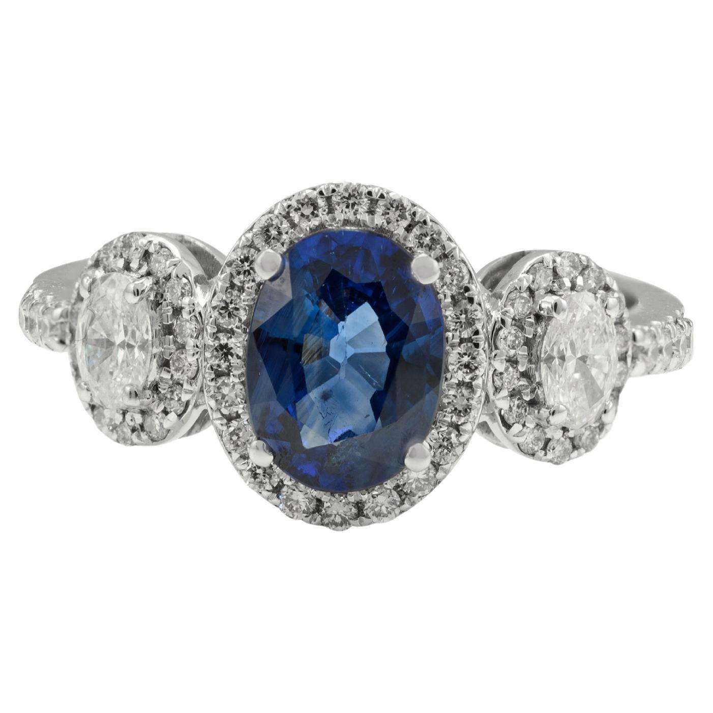 Certified Diamond and Blue Sapphire Three Stone Ring 18k Solid White Gold