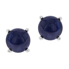 Genuine Sapphire Round Cabochon Stud Earrings, Sterling Silver