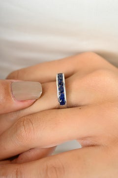 Genuine Sapphire Stackable Half Eternity Band for Women Ring in 925 Silver