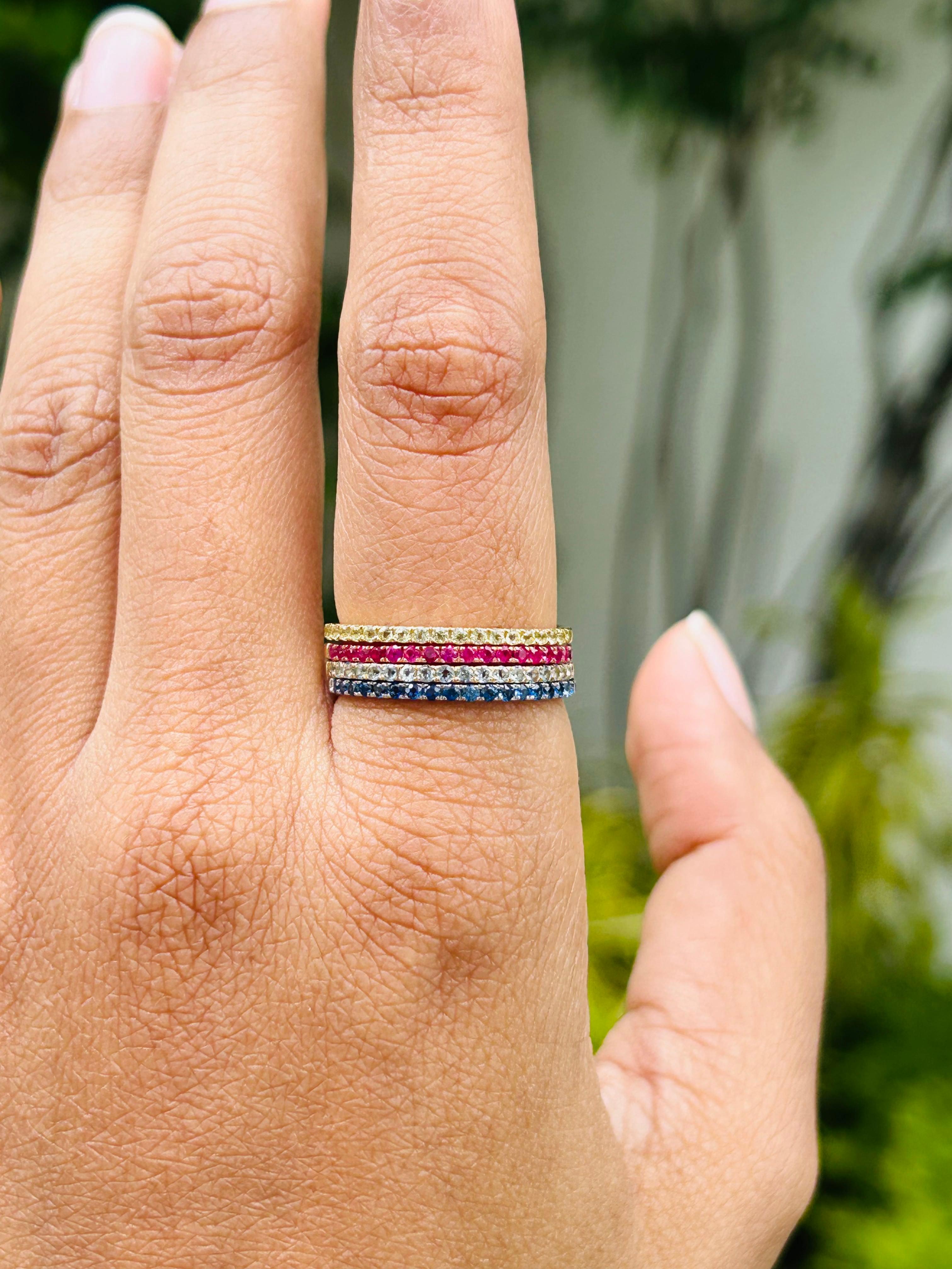 For Sale:  Genuine Sapphire Stackable Half Eternity Band Ring in 18k Solid White Gold 10