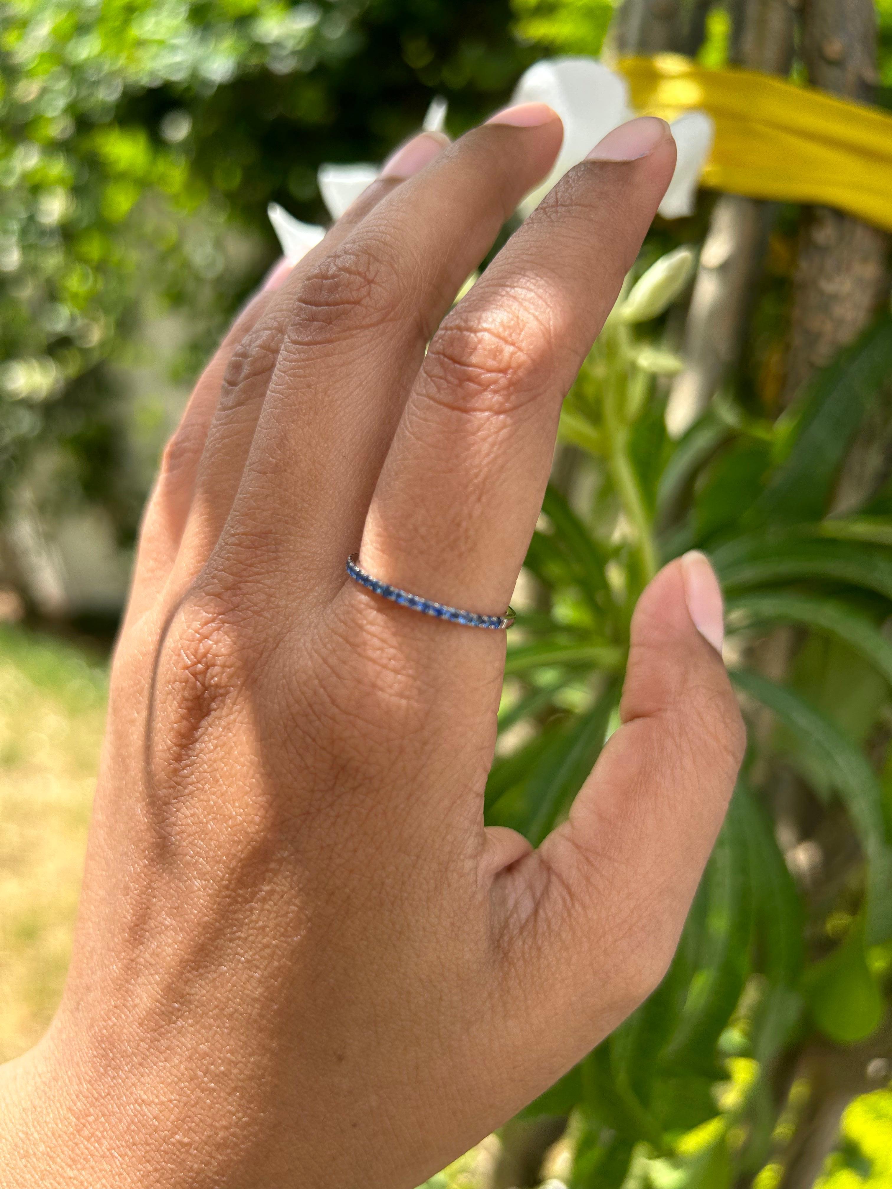 For Sale:  Genuine Sapphire Stackable Half Eternity Band Ring in 18k Solid White Gold 13