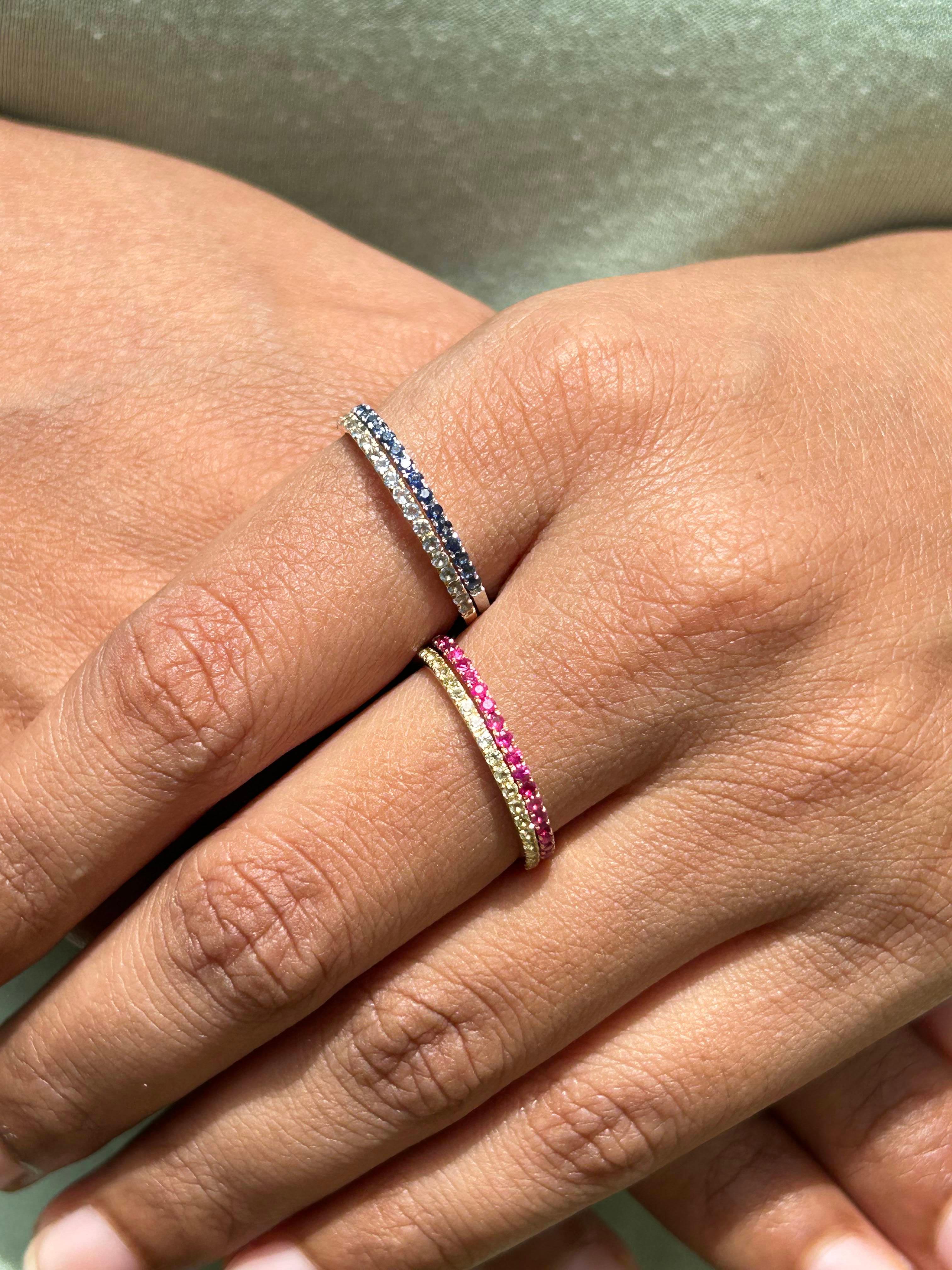 For Sale:  Genuine Sapphire Stackable Half Eternity Band Ring in 18k Solid White Gold 9