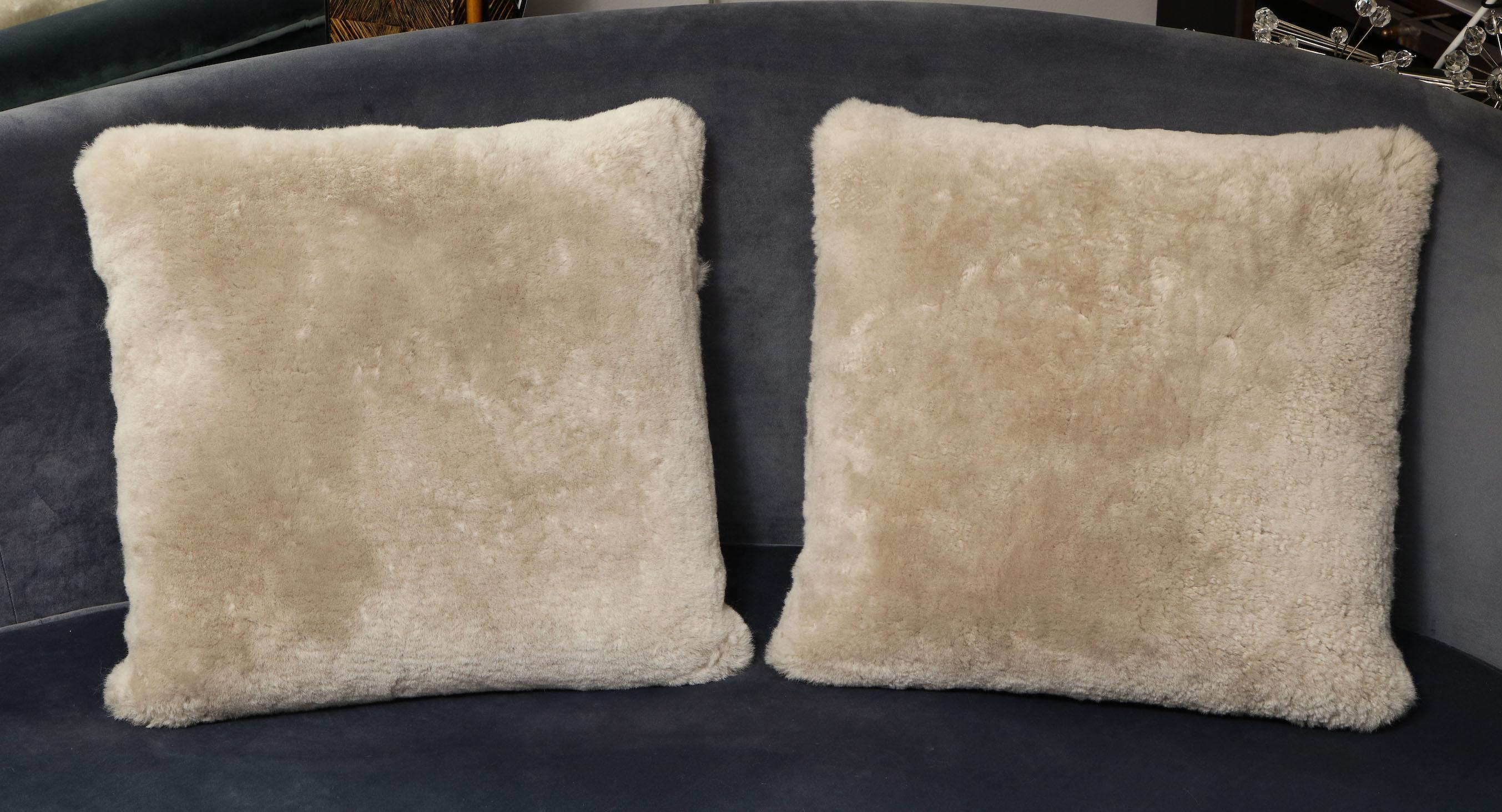 Fur Custom Genuine Shearling Pillow in Taupe Color For Sale