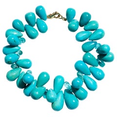 Genuine Sleeping Beauty Turquoise and Paraiba Apatite 14K Gold Drop Bracelet