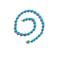 Genuine Sleeping Beauty Turquoise and Pink Tourmaline Diamonds 18K Gold Necklace