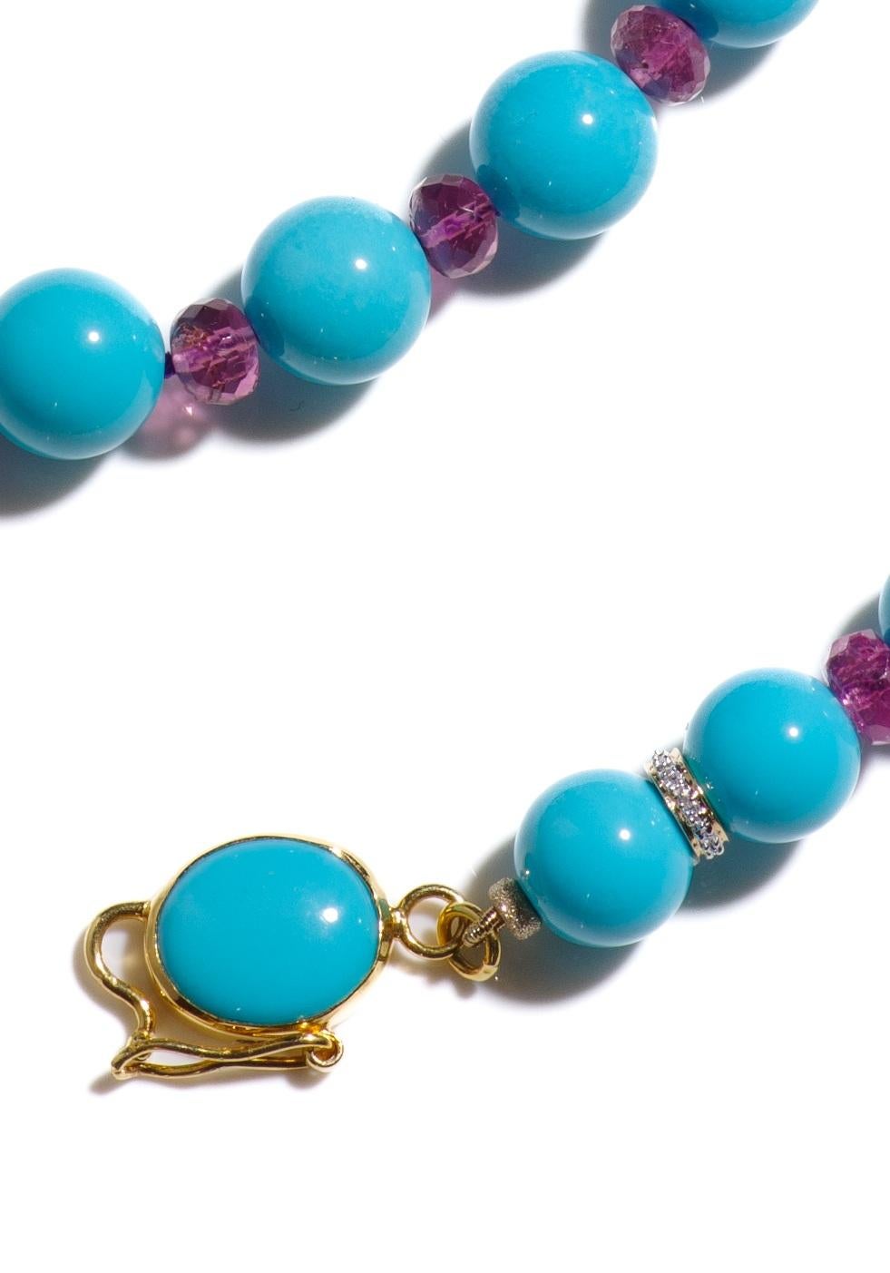 Modern Genuine Sleeping Beauty Turquoise and Pink Tourmaline Diamonds 18K Gold Necklace For Sale