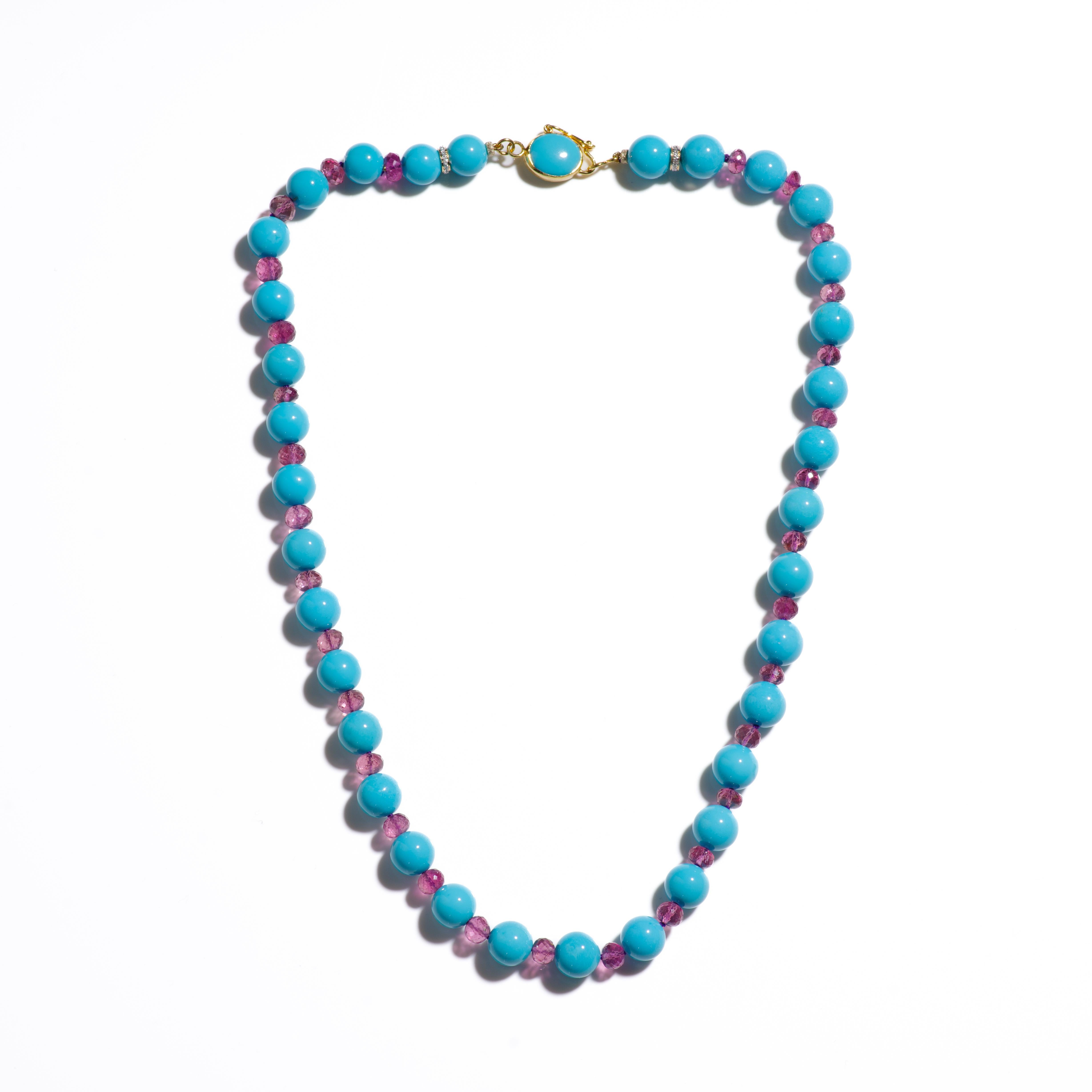 Bead Genuine Sleeping Beauty Turquoise and Pink Tourmaline Diamonds 18K Gold Necklace For Sale