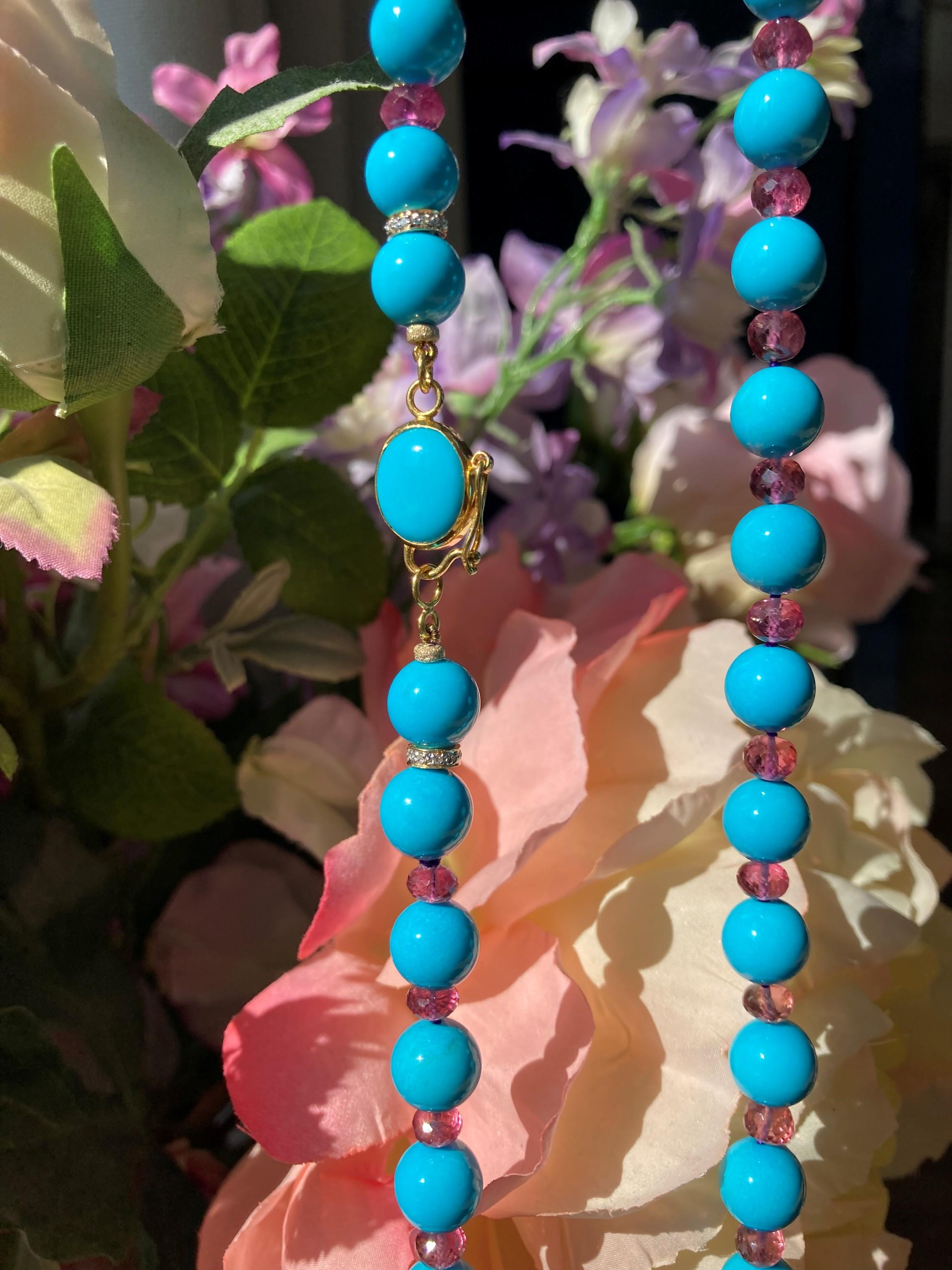 Genuine Sleeping Beauty Turquoise and Pink Tourmaline Diamonds 18K Gold Necklace In New Condition For Sale In GOES, NL