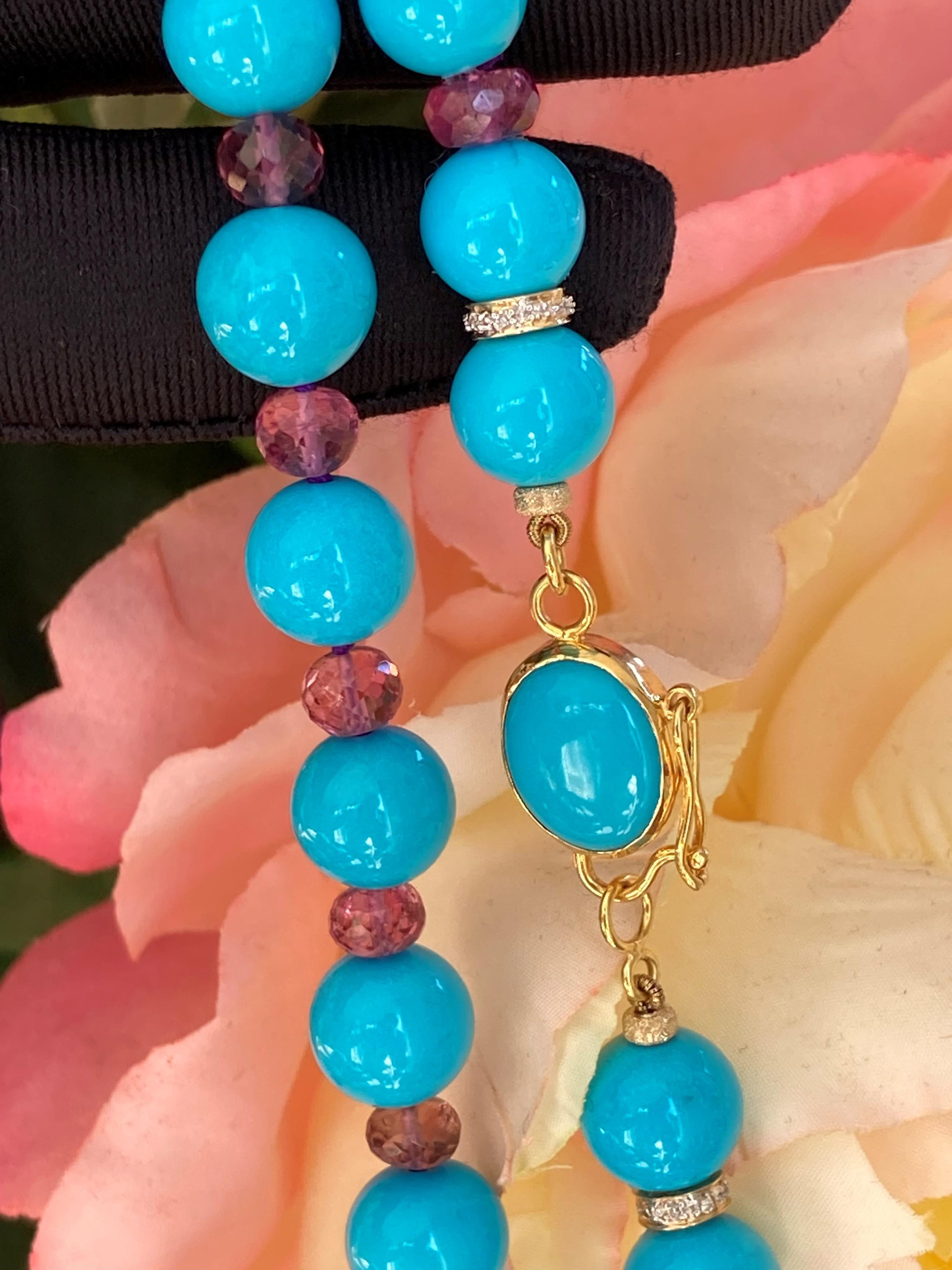 Women's Genuine Sleeping Beauty Turquoise and Pink Tourmaline Diamonds 18K Gold Necklace For Sale