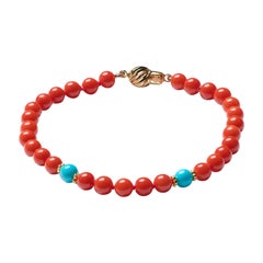 Genuine Sleeping Beauty Turquoise and Sardinia Coral Bracelet in Yellow Gold