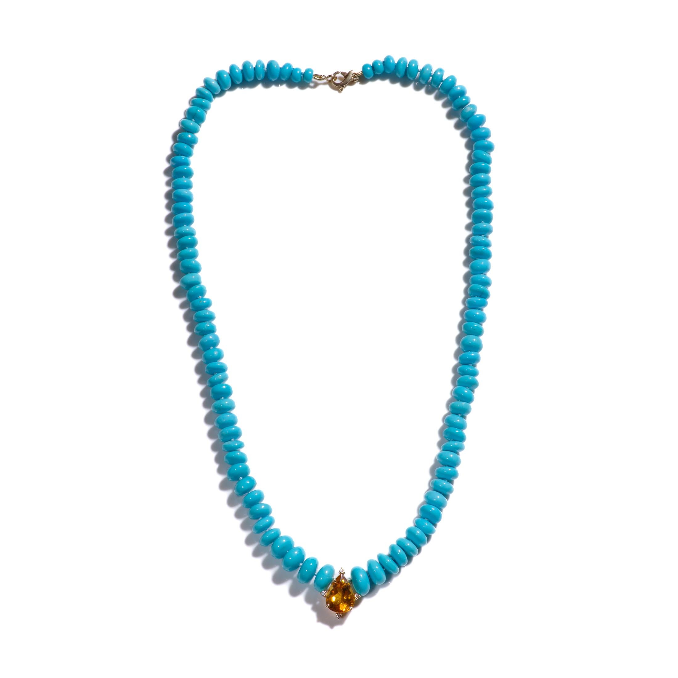 A regal handmade statement necklace of more then 18 inch long with extremely rare and pure Sleeping Beauty Turquoises accompanied by a large 3.5 carat vibrant yellow Citrine set in 14k gold surrounded by sparkling diamonds.  
This statement piece