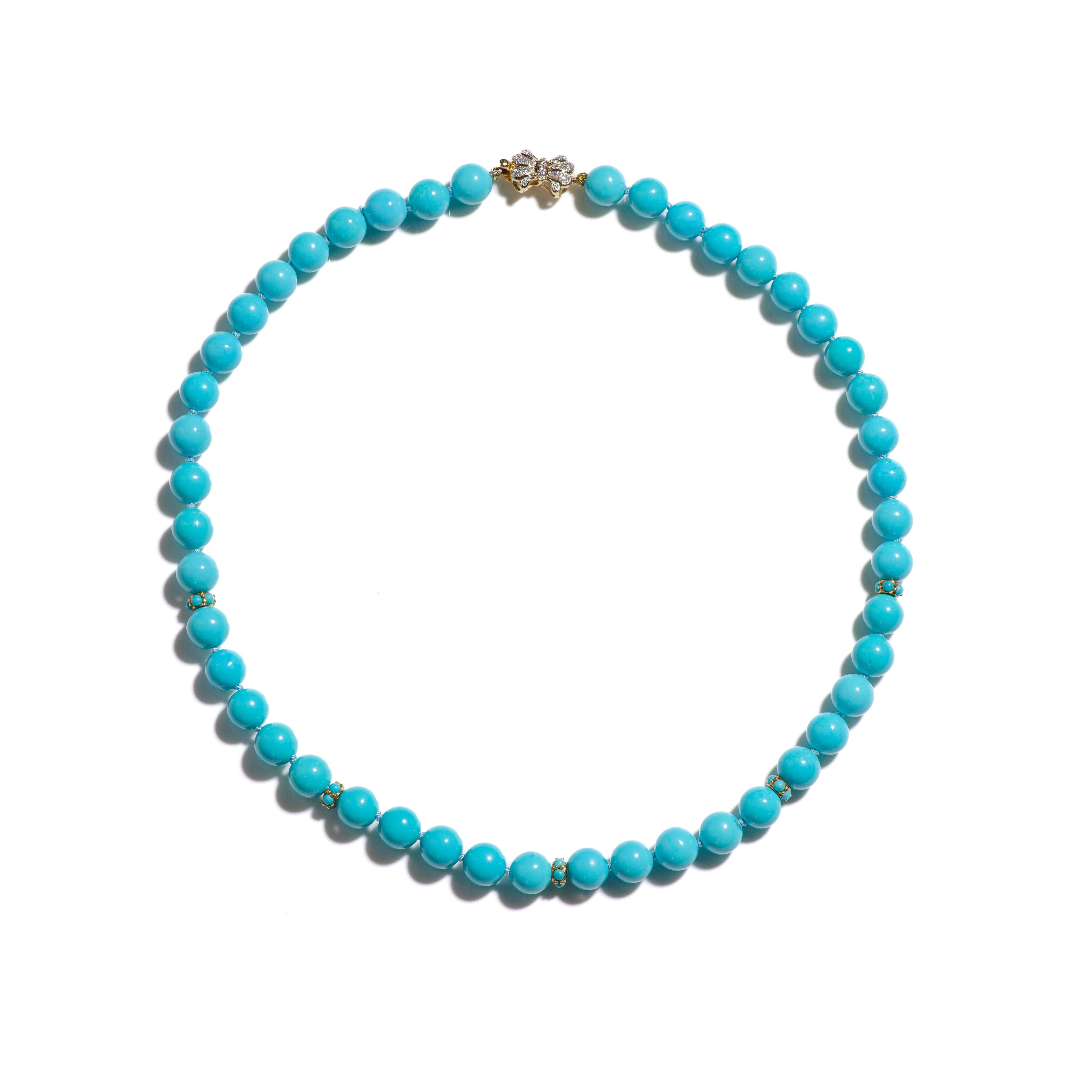 Modern Genuine Persian Blue Sleeping Beauty Turquoise Diamonds 18K Gold Necklace For Sale