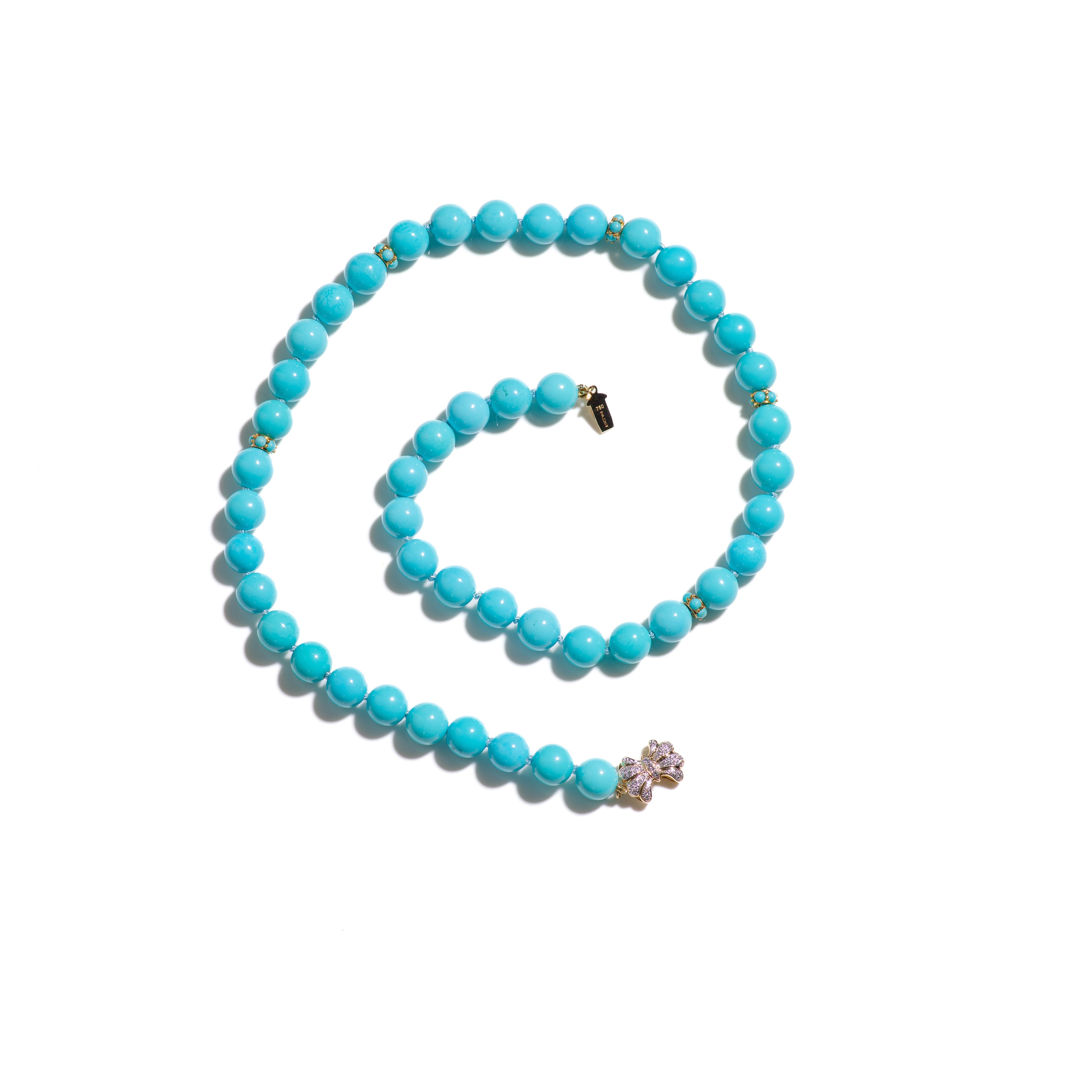 Bead Genuine Persian Blue Sleeping Beauty Turquoise Diamonds 18K Gold Necklace For Sale
