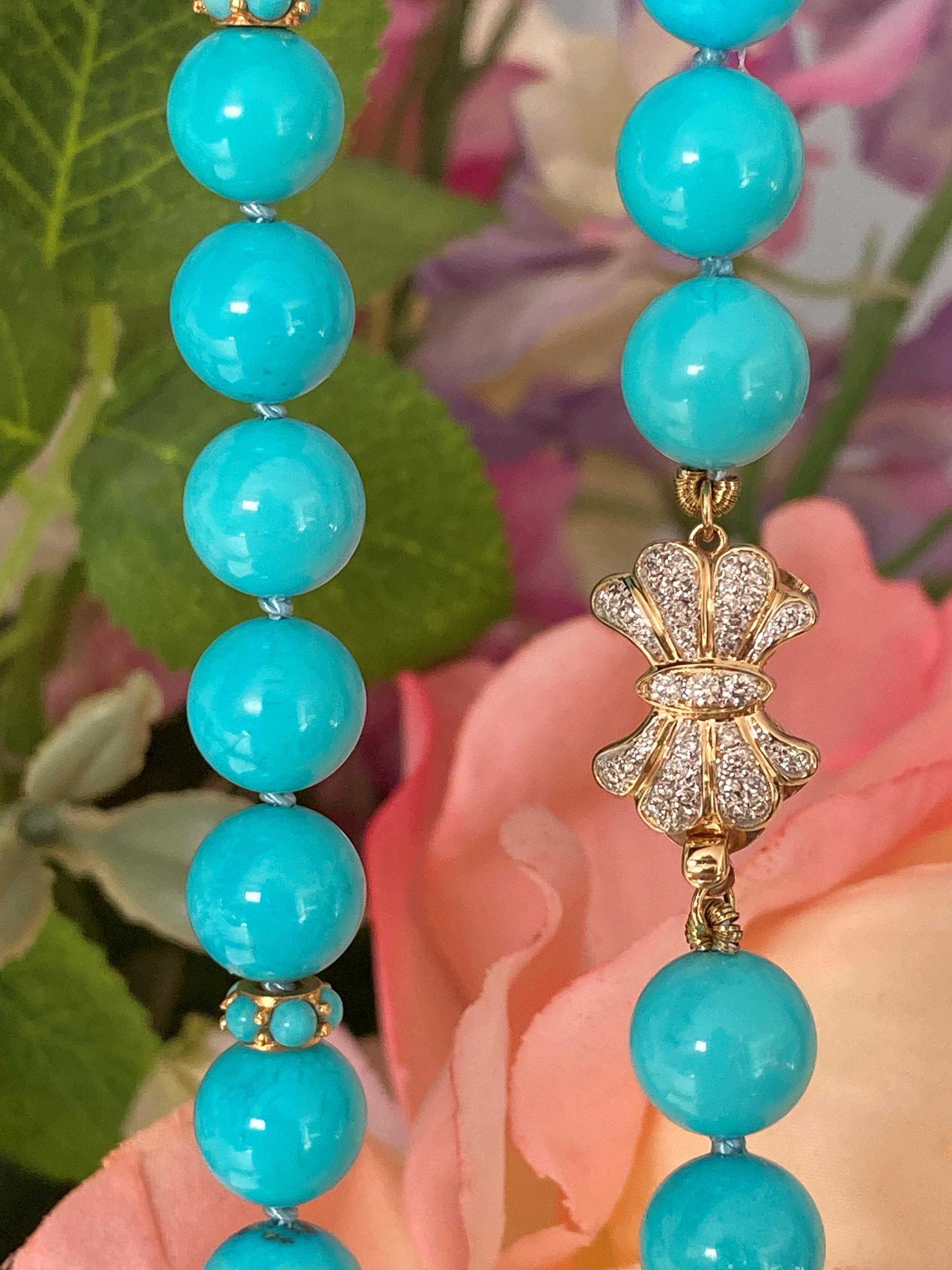 Genuine Persian Blue Sleeping Beauty Turquoise Diamonds 18K Gold Necklace For Sale 1