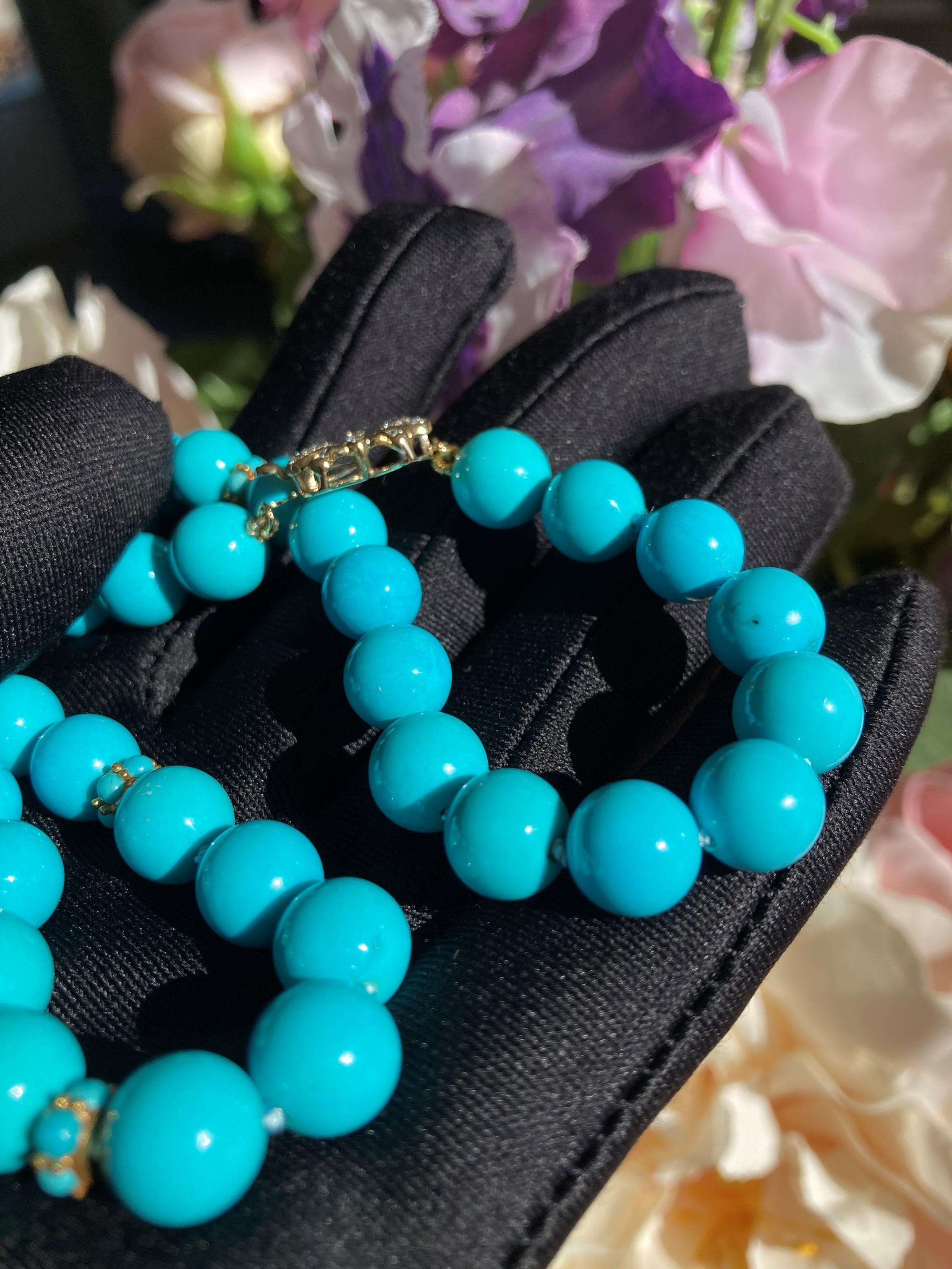 Genuine Persian Blue Sleeping Beauty Turquoise Diamonds 18K Gold Necklace For Sale 2