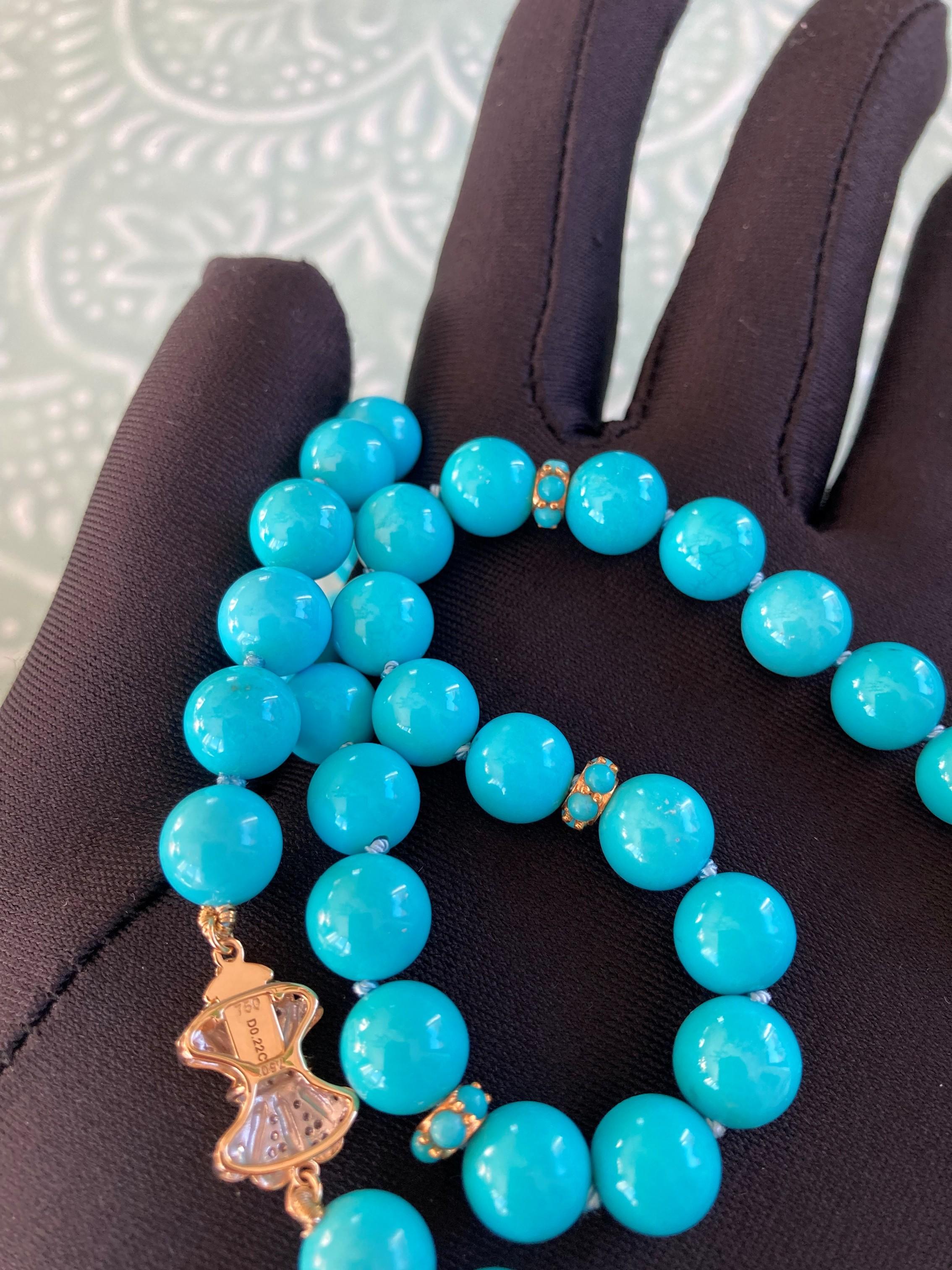 Genuine Persian Blue Sleeping Beauty Turquoise Diamonds 18K Gold Necklace For Sale 3