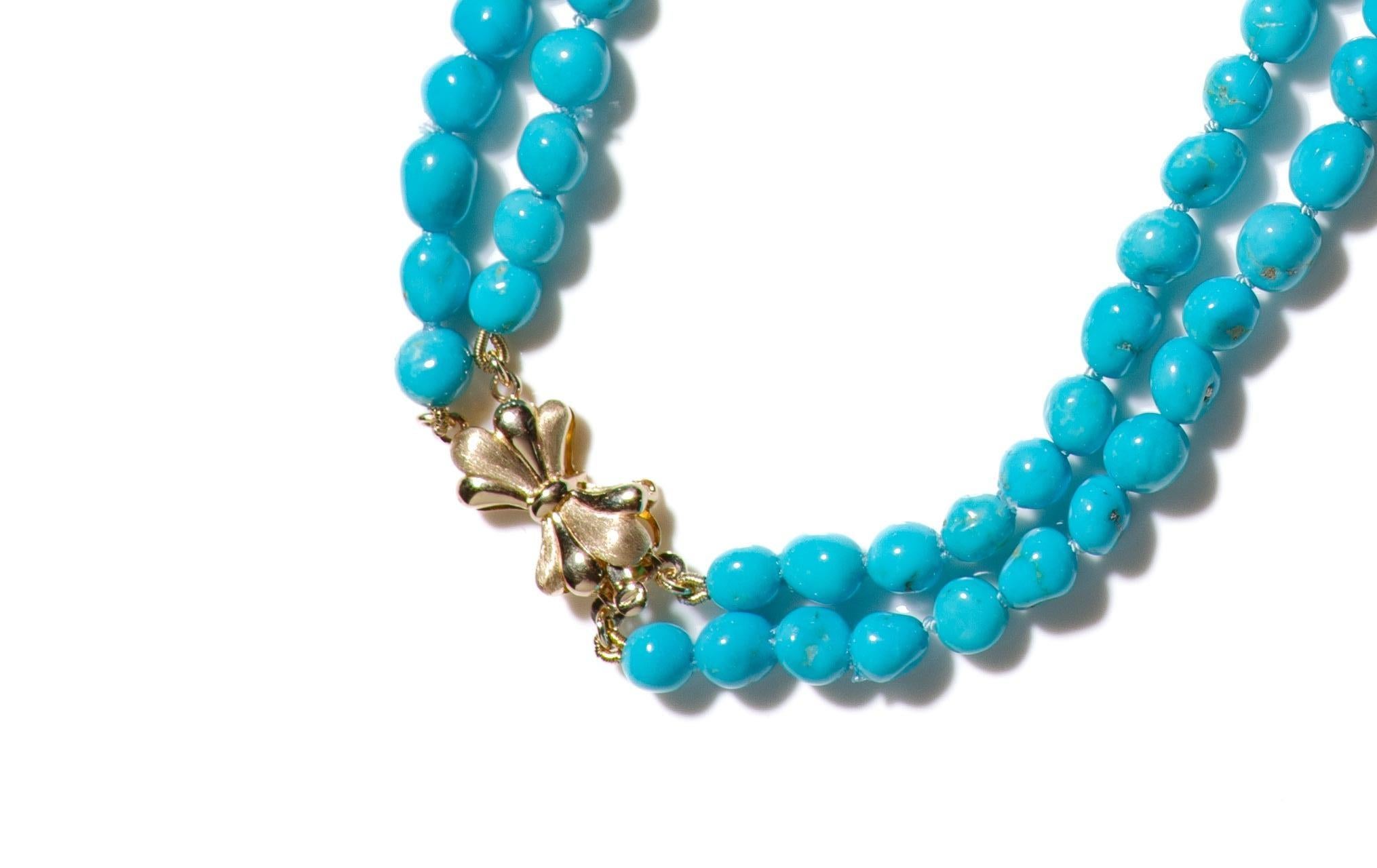 Modernist Genuine Double Layered Sleeping Beauty Turquoise Gold Necklace For Sale