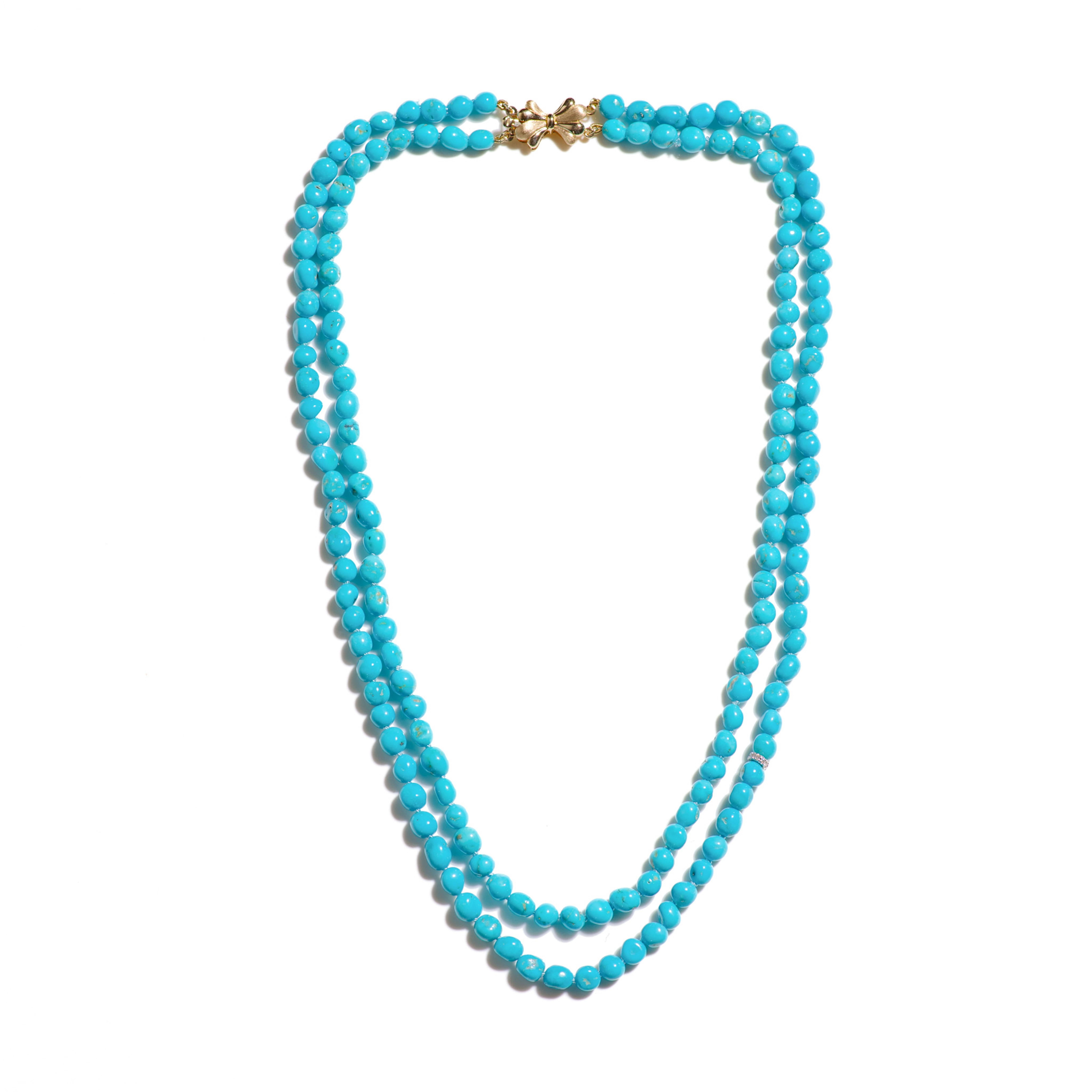 Bead Genuine Double Layered Sleeping Beauty Turquoise Gold Necklace For Sale