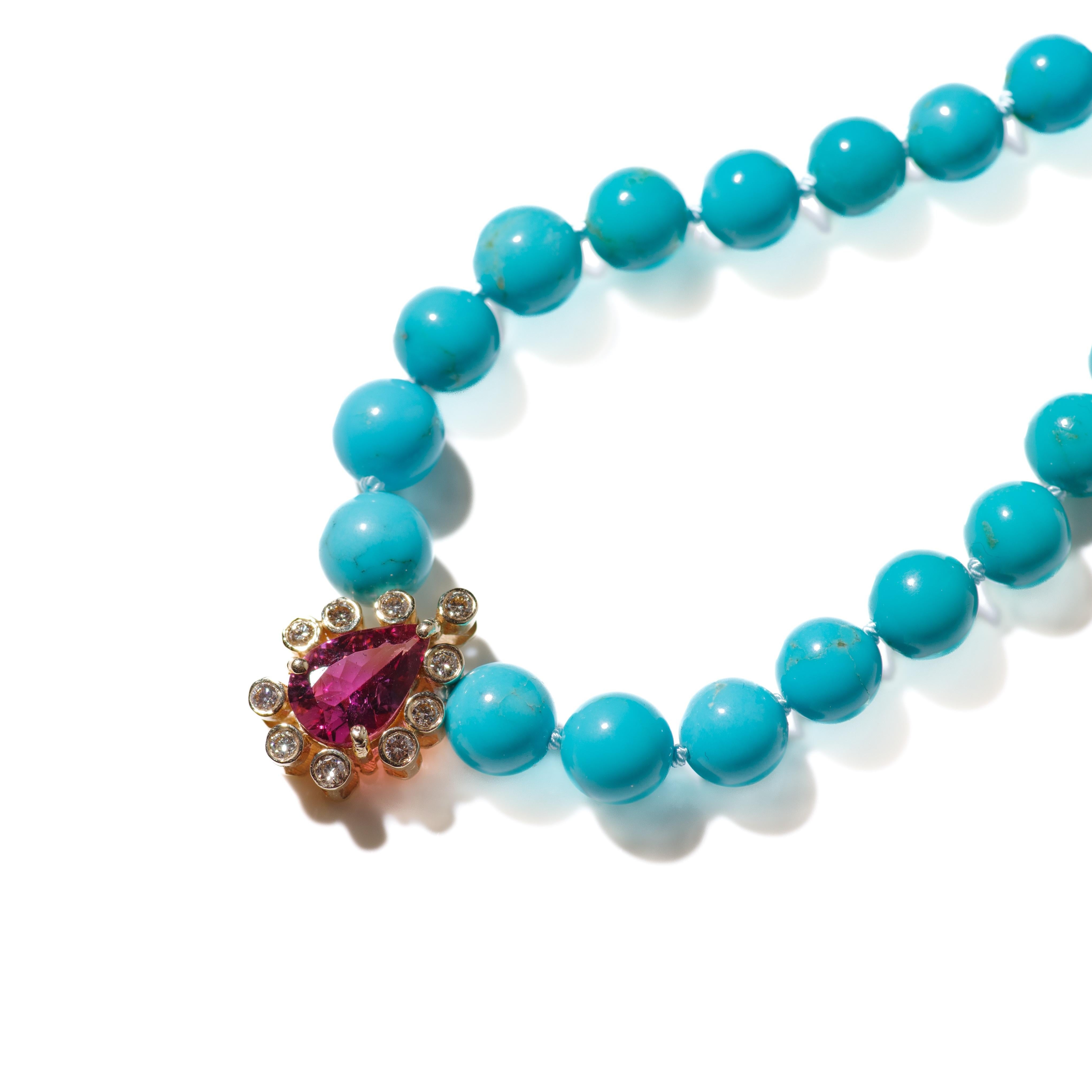 Modern Genuine Sleeping Beauty Turquoise and Pink Rubellite Tourmaline Diamond Necklace For Sale