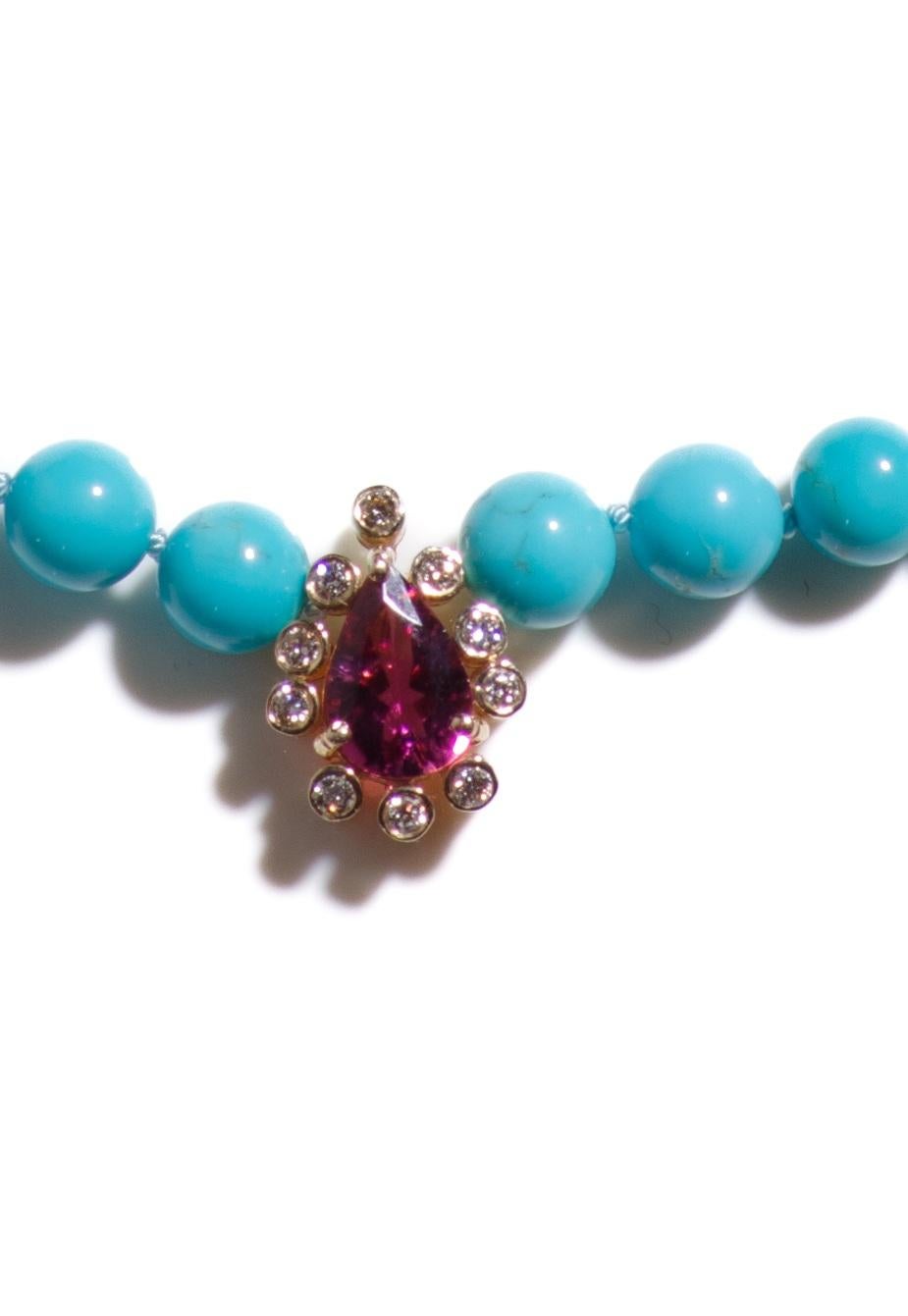 Bead Genuine Sleeping Beauty Turquoise and Pink Rubellite Tourmaline Diamond Necklace For Sale