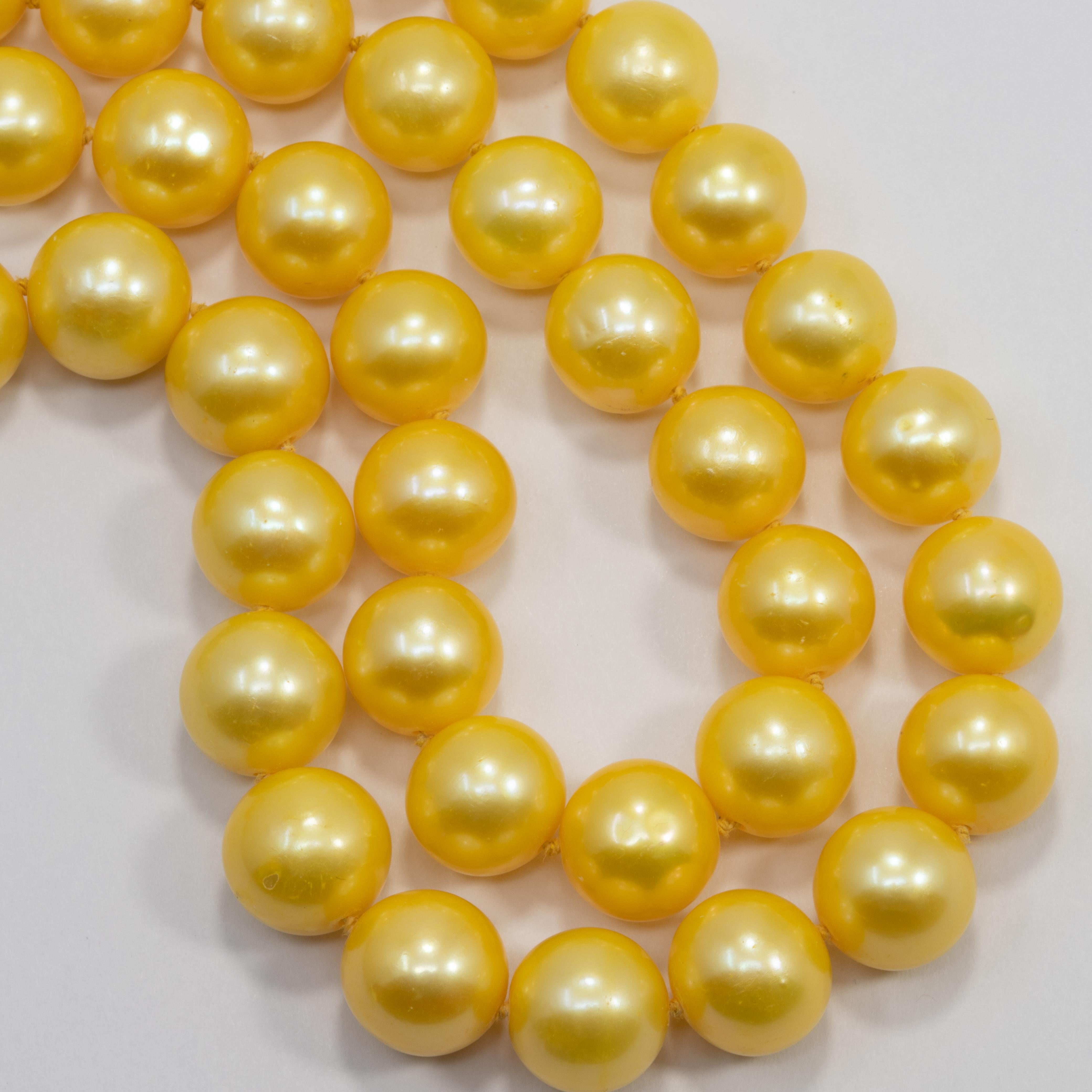 Women's or Men's Genuine South Sea Pearl Bead Knotted String Necklace with 14 Karat Yellow Gold For Sale