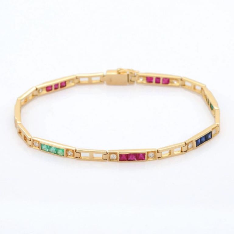 Art Deco Genuine Square Cut Emerald, Ruby and Sapphire Tennis Bracelet in 18K Yellow Gold For Sale