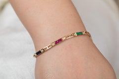 Genuine Square Cut Emerald, Ruby and Sapphire Tennis Bracelet in 18K Yellow Gold