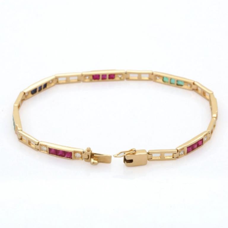 Women's Genuine Square Cut Emerald, Ruby and Sapphire Tennis Bracelet in 18K Yellow Gold For Sale